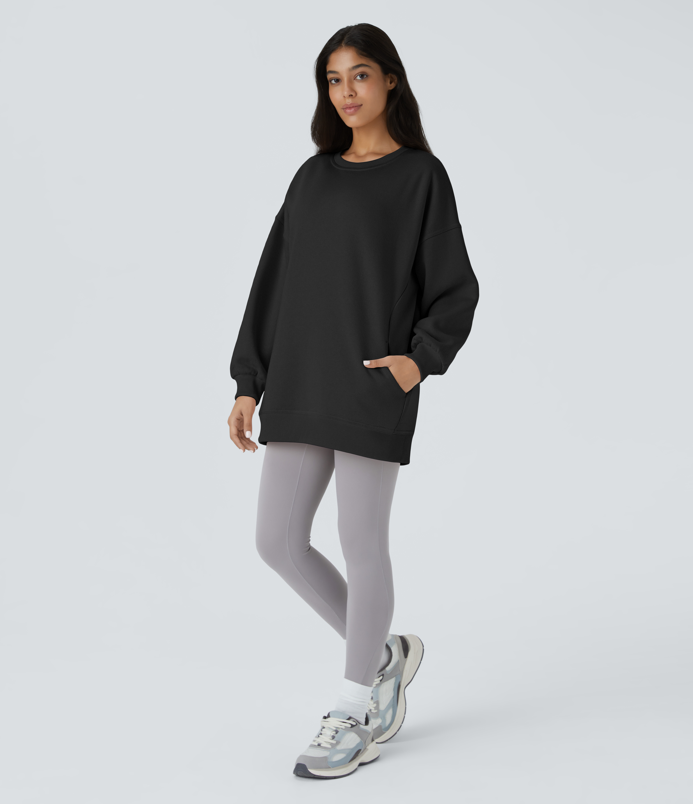 Halara Round Neck Long Sleeve Side Pocket Oversize Fleece Casual Sweatshirt  - Black - XL 