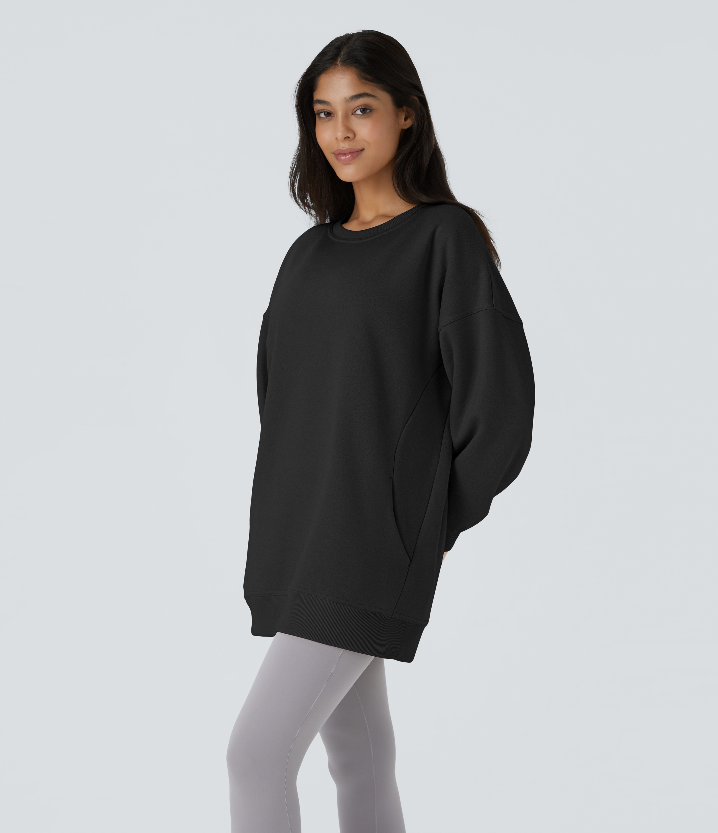 Halara Round Neck Long Sleeve Side Pocket Oversize Fleece Casual Sweatshirt  - Black - XL 