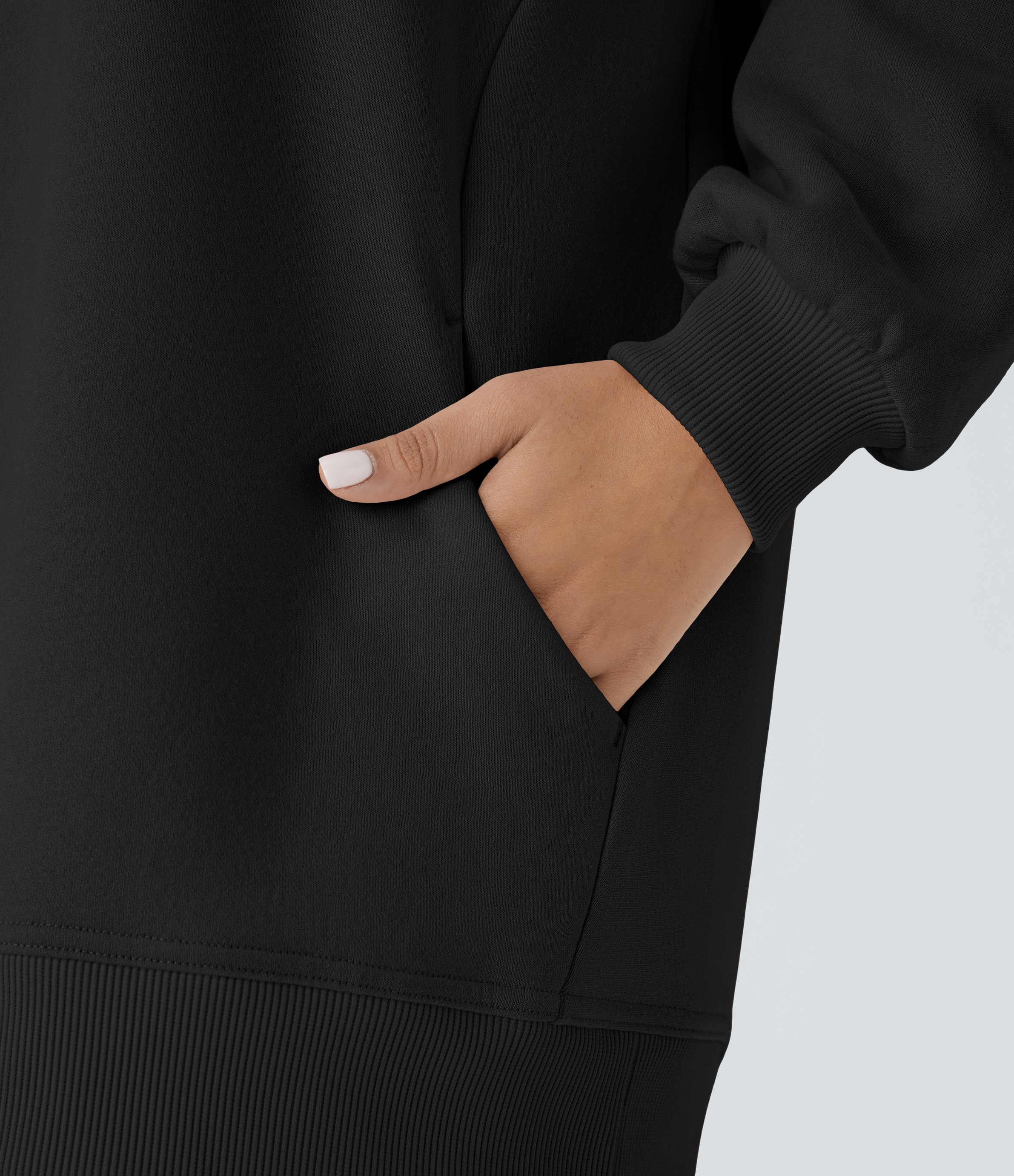 Halara Round Neck Long Sleeve Side Pocket Oversize Fleece Casual Sweatshirt  - Black - XL 