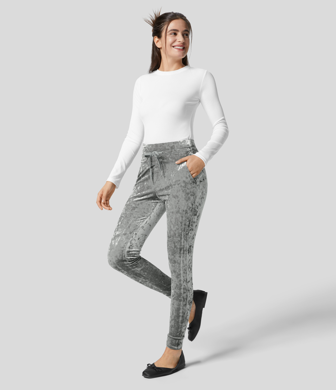Halara High Waisted Drawstring Side Pocket Full Length Velvet Casual Joggers  - Ultimate Gray - XS(regular) 