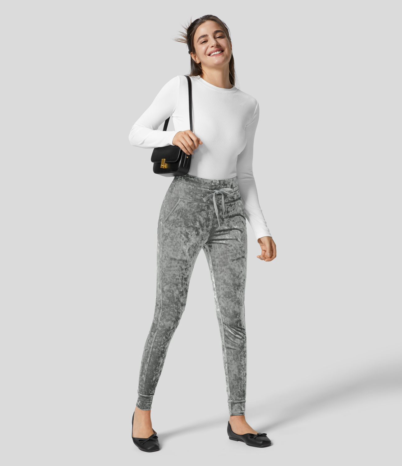 

Halara High Waisted Drawstring Side Pocket Full Length Velvet Casual Joggers - Ultimate Gray