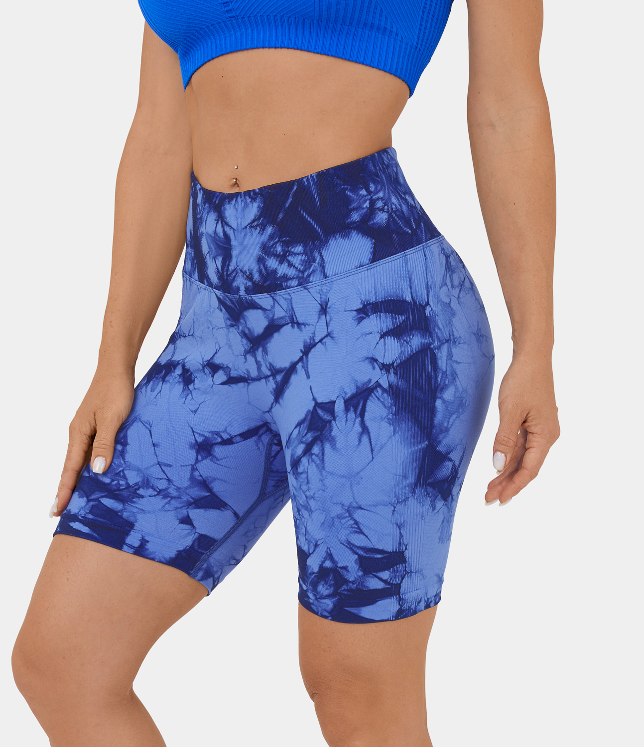 Halara Seamless Flow High Waisted Ruched Tie Dye Yoga Biker Shorts  - Tie-dye Blue Iris - S biker shorts women black biker shorts 