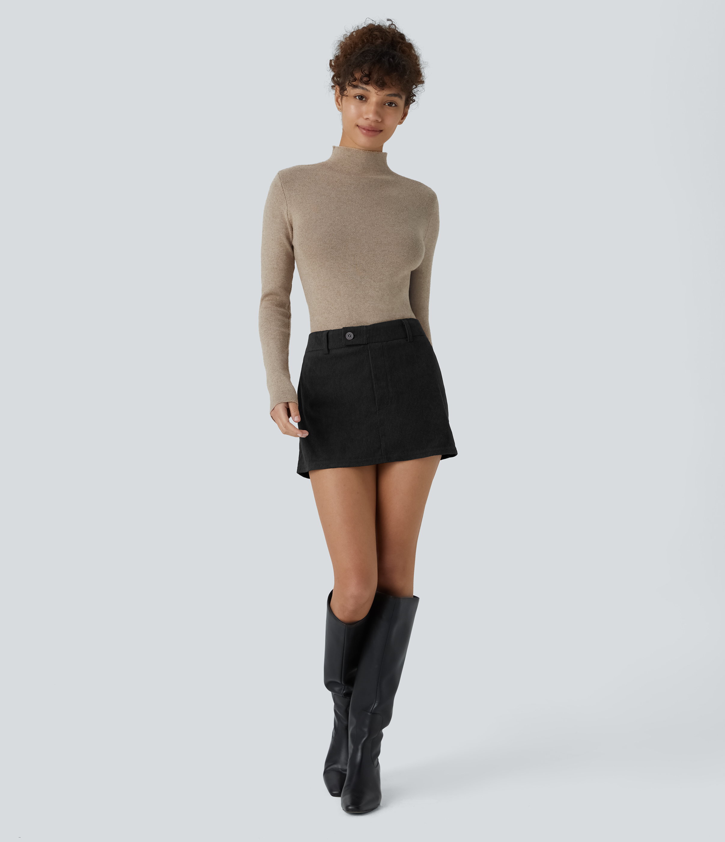 Halara Mid Low Rise Button Zipper 2-in-1 A Line Mini Corduroy Casual Skirt  - Black - S(regular) 