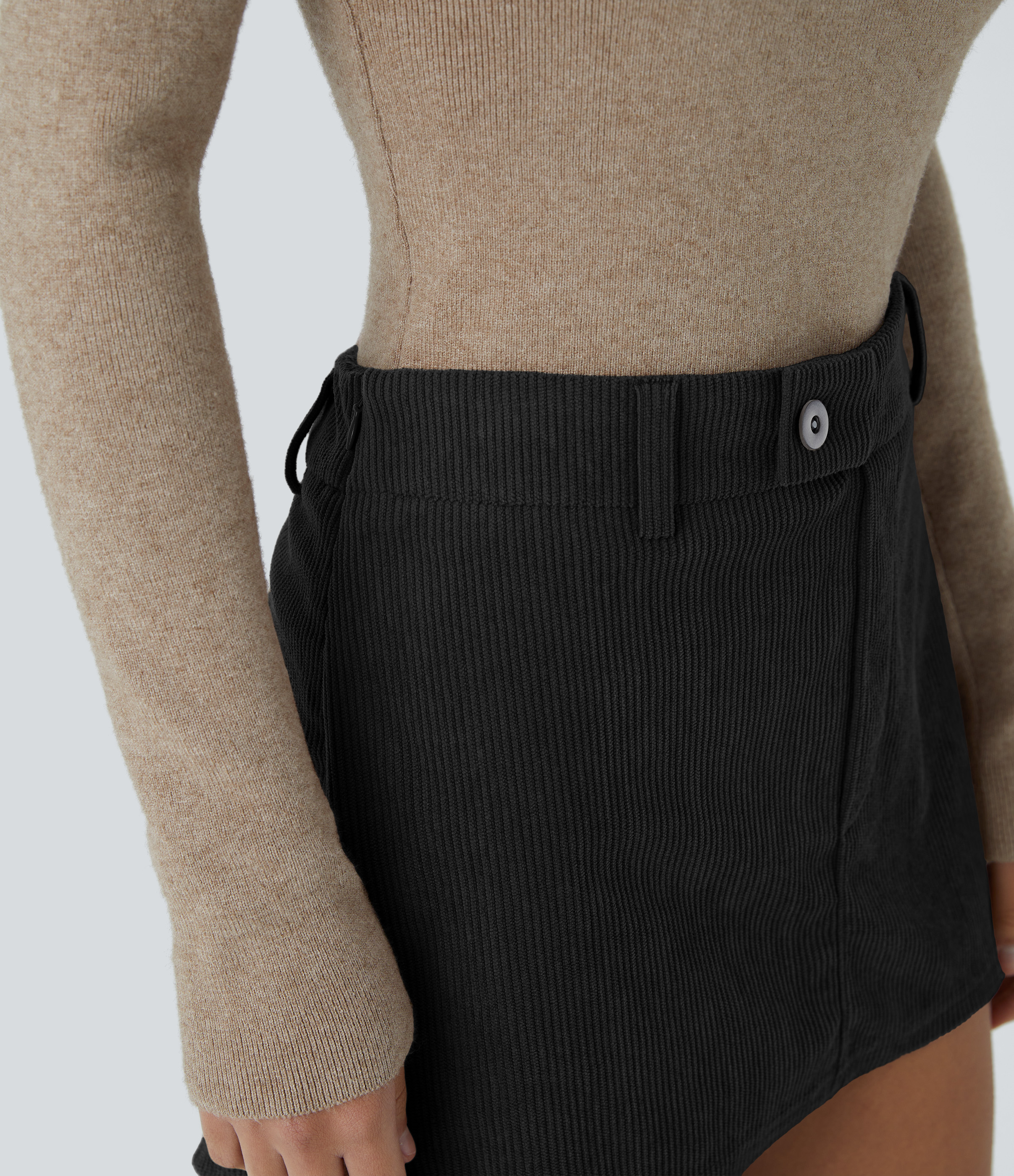 Halara Mid Low Rise Button Zipper 2-in-1 A Line Mini Corduroy Casual Skirt  - Black - S(regular) 