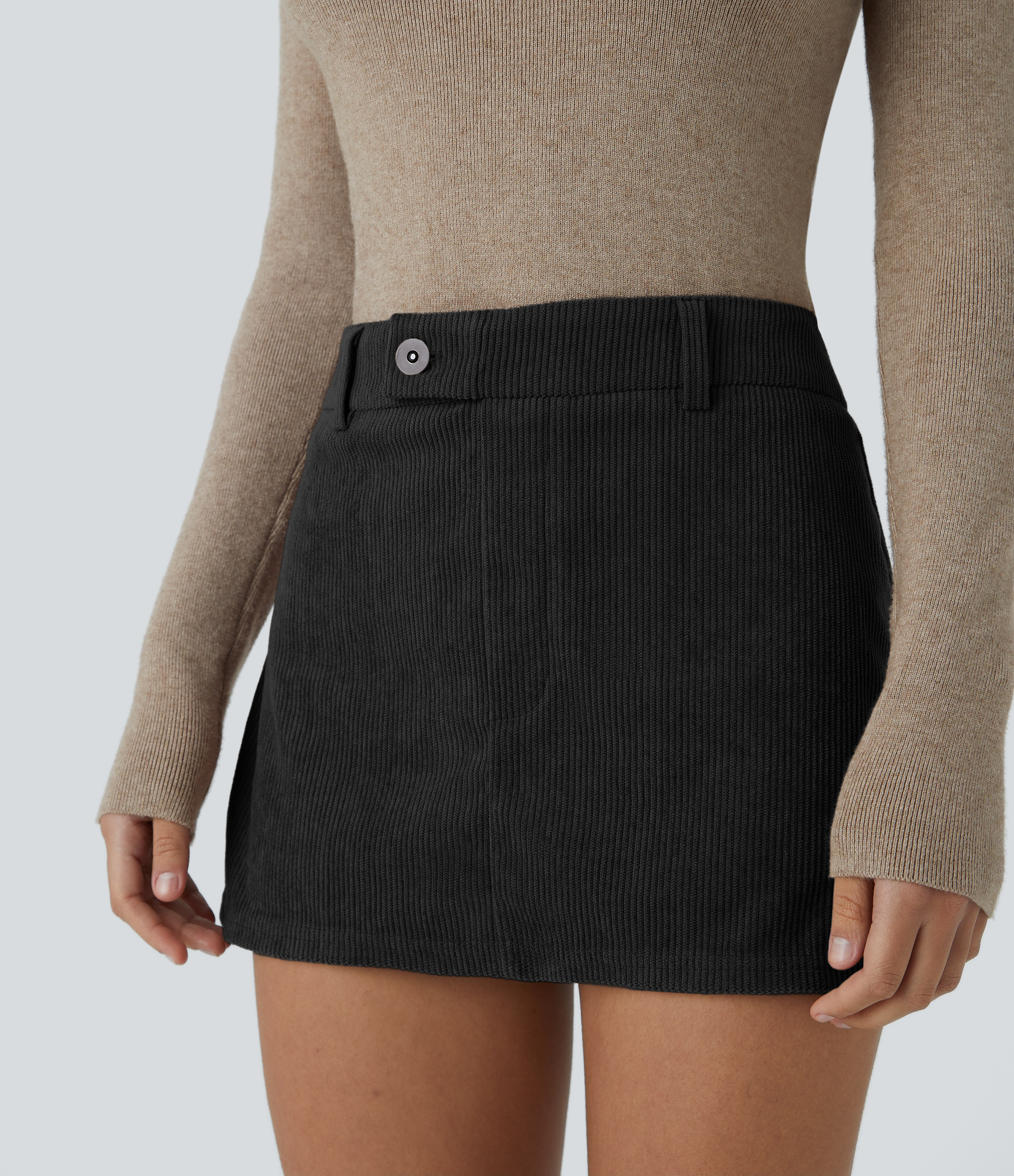 Halara Mid Low Rise Button Zipper 2-in-1 A Line Mini Corduroy Casual Skirt  - Black - S(regular) 