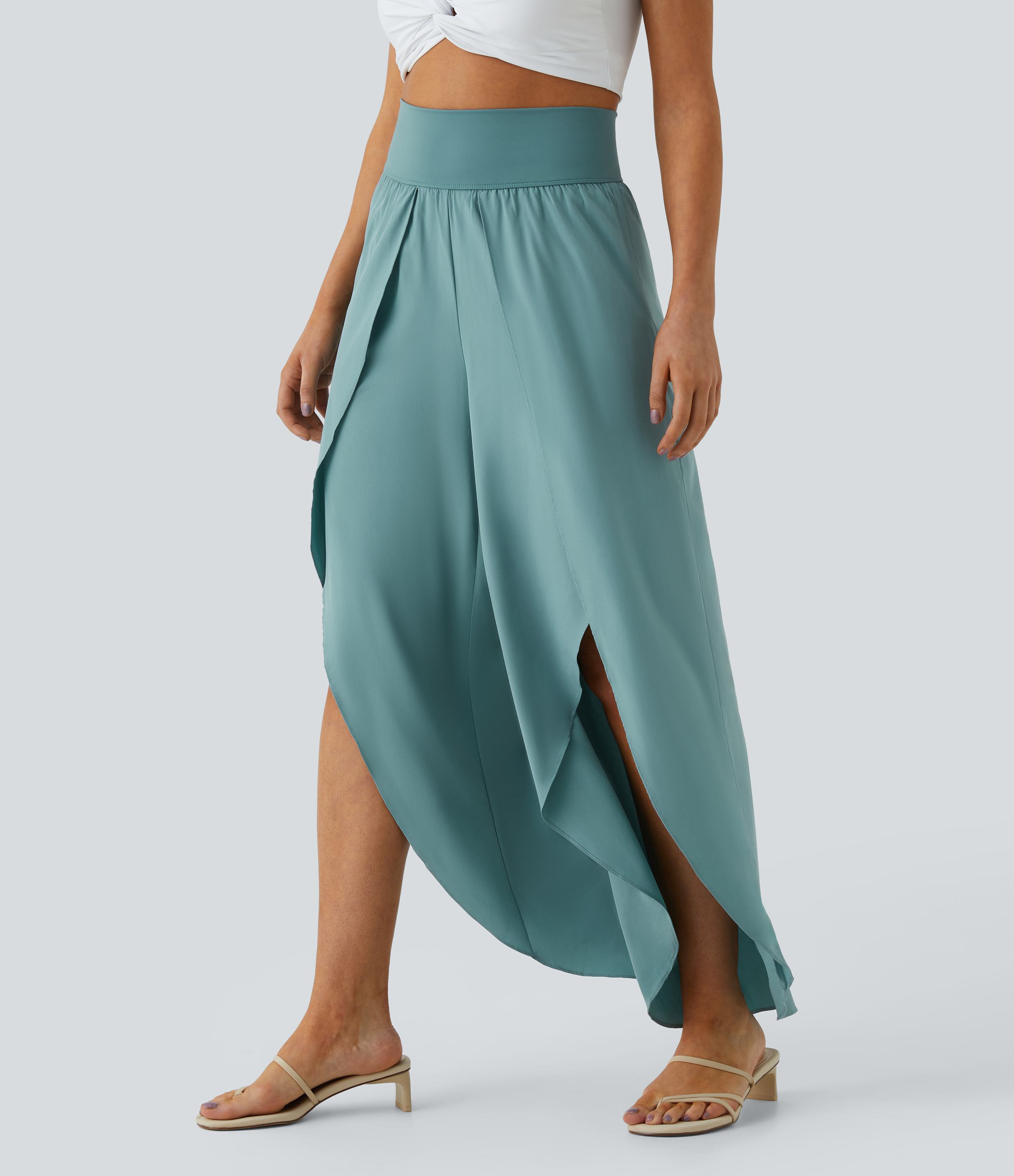 Halara Breezefulв„ў High Waisted Back Waistband Pocket Palazzo Flowy Split Wide Leg Quick Dry Casual Pants  - Mineral Blue - S(regular) 