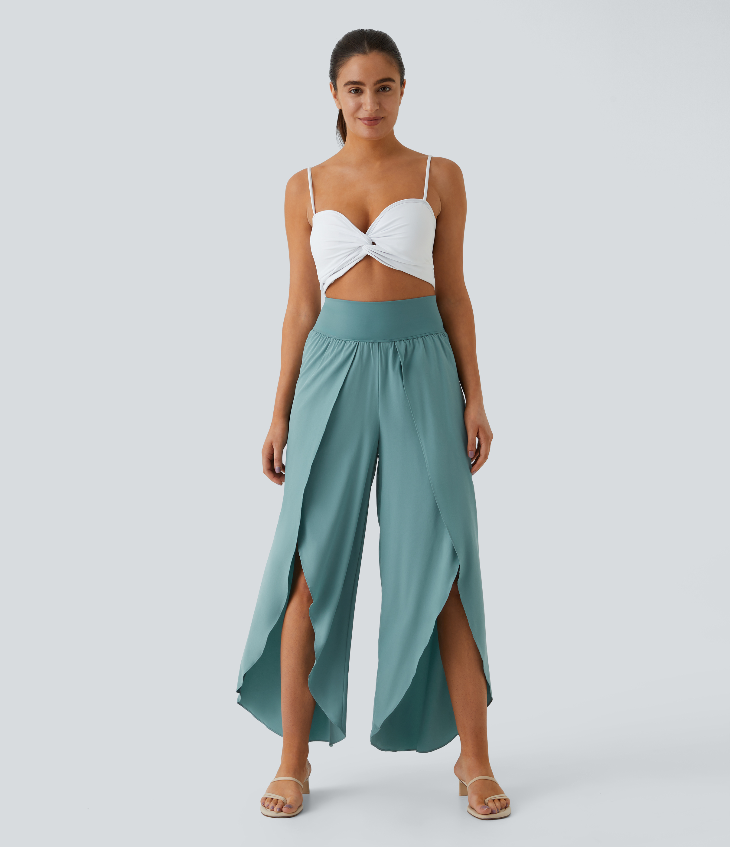 Halara Breezefulв„ў High Waisted Back Waistband Pocket Palazzo Flowy Split Wide Leg Quick Dry Casual Pants  - Mineral Blue - S(regular) 