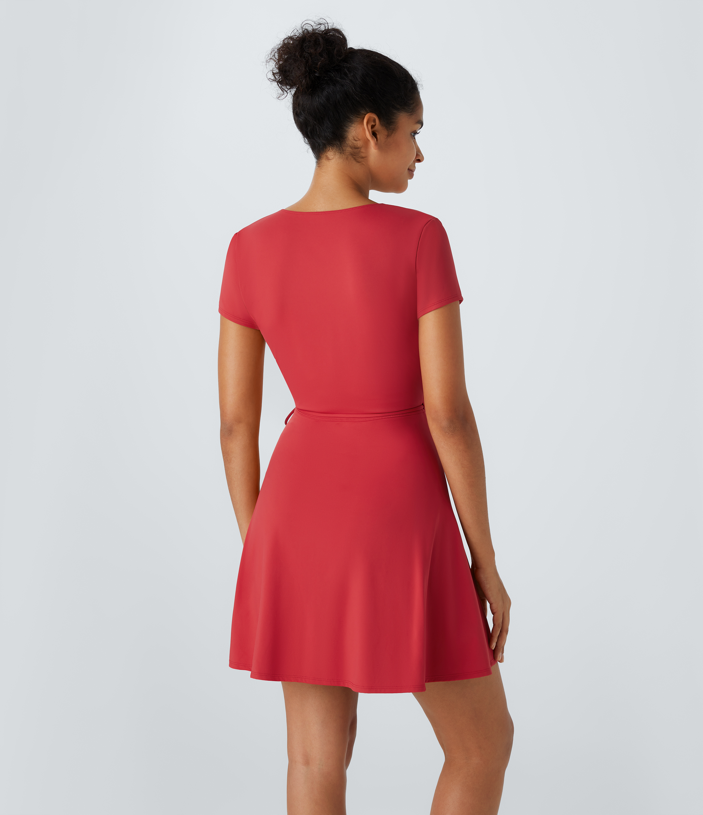 Halara V Neck Wrapped Tie Side Mini Casual Dress Workout Dress - Salsa - S 