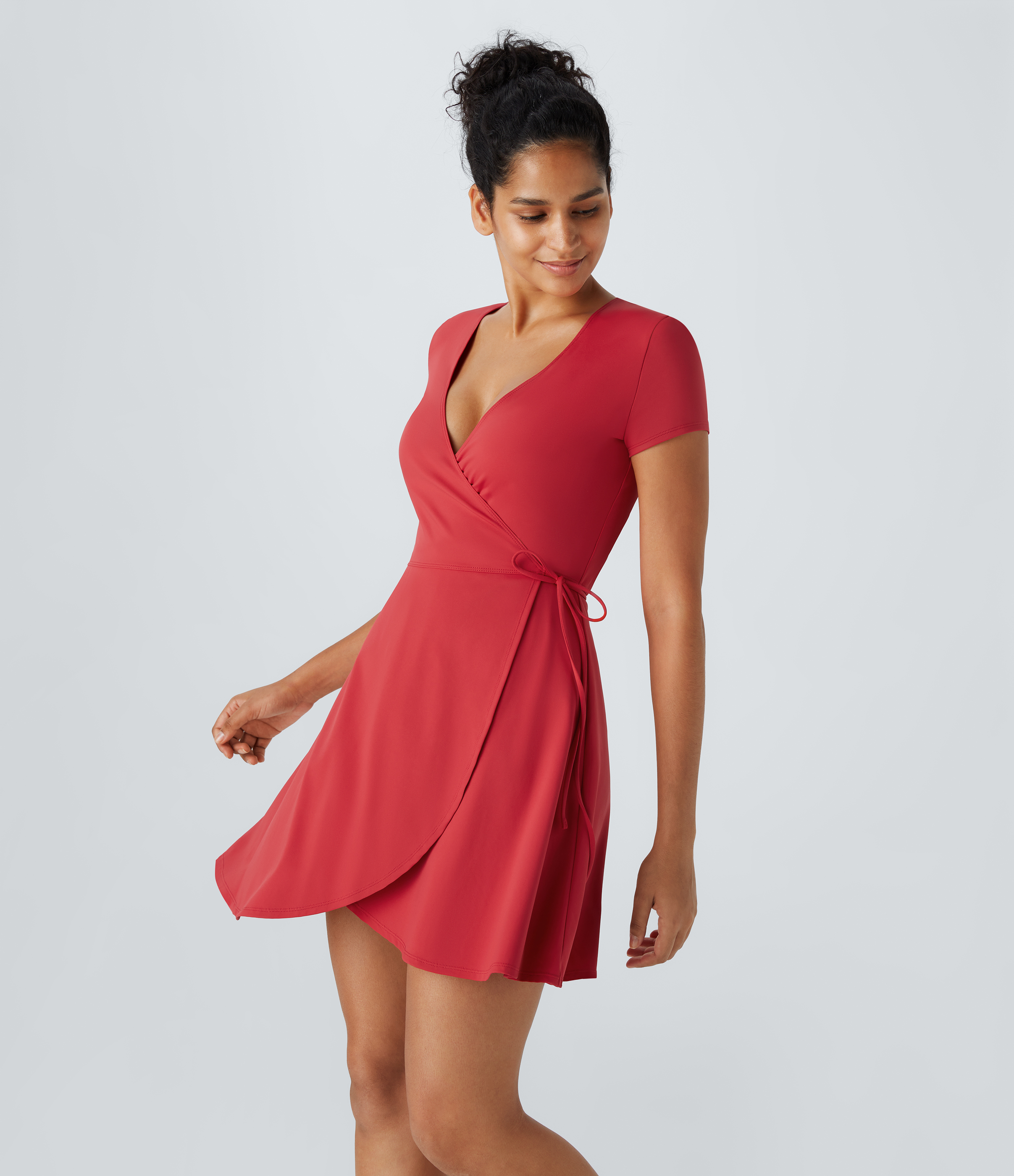 Halara V Neck Wrapped Tie Side Mini Casual Dress Workout Dress - Salsa - S 