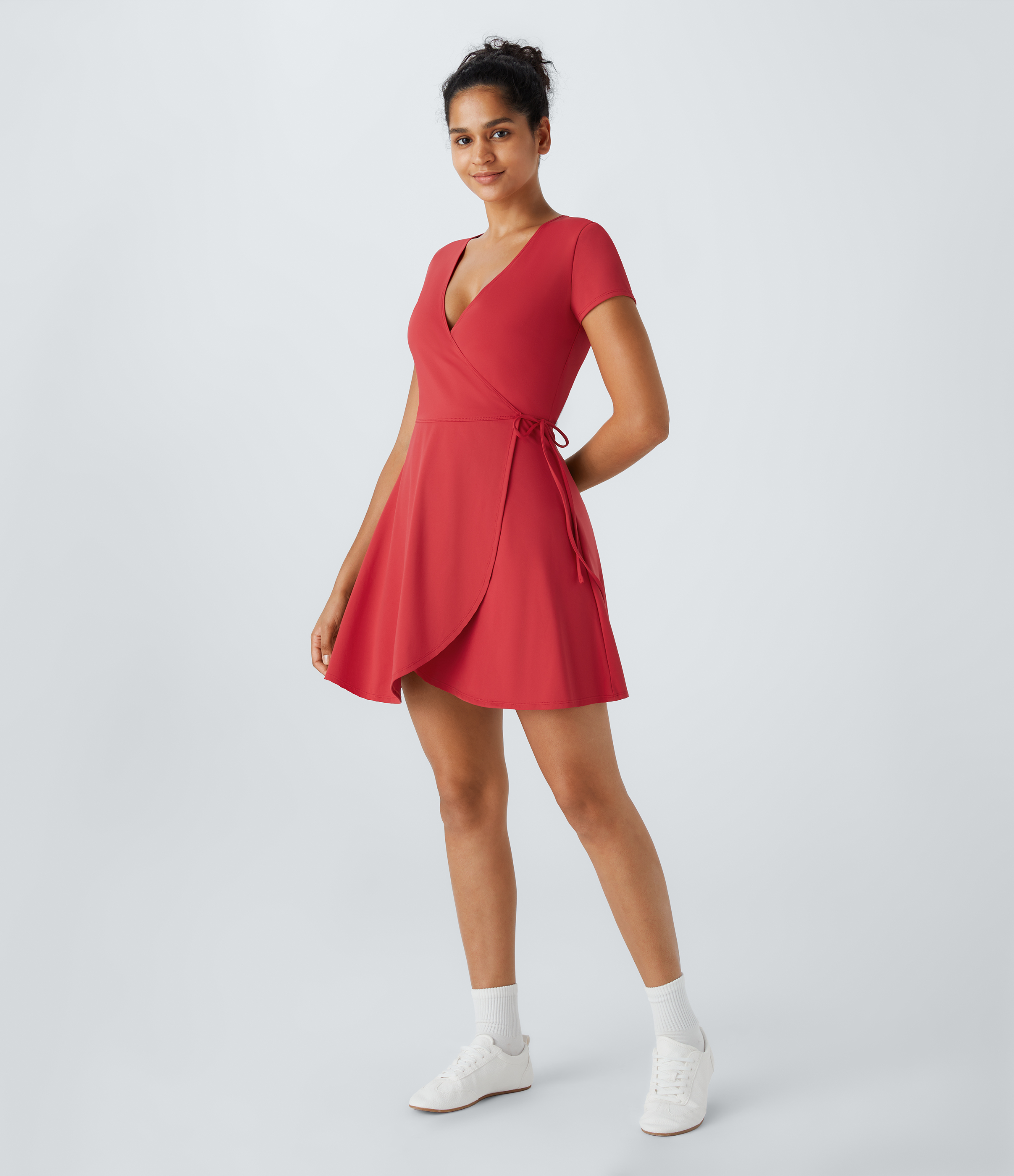 Halara V Neck Wrapped Tie Side Mini Casual Dress Workout Dress - Salsa - S 