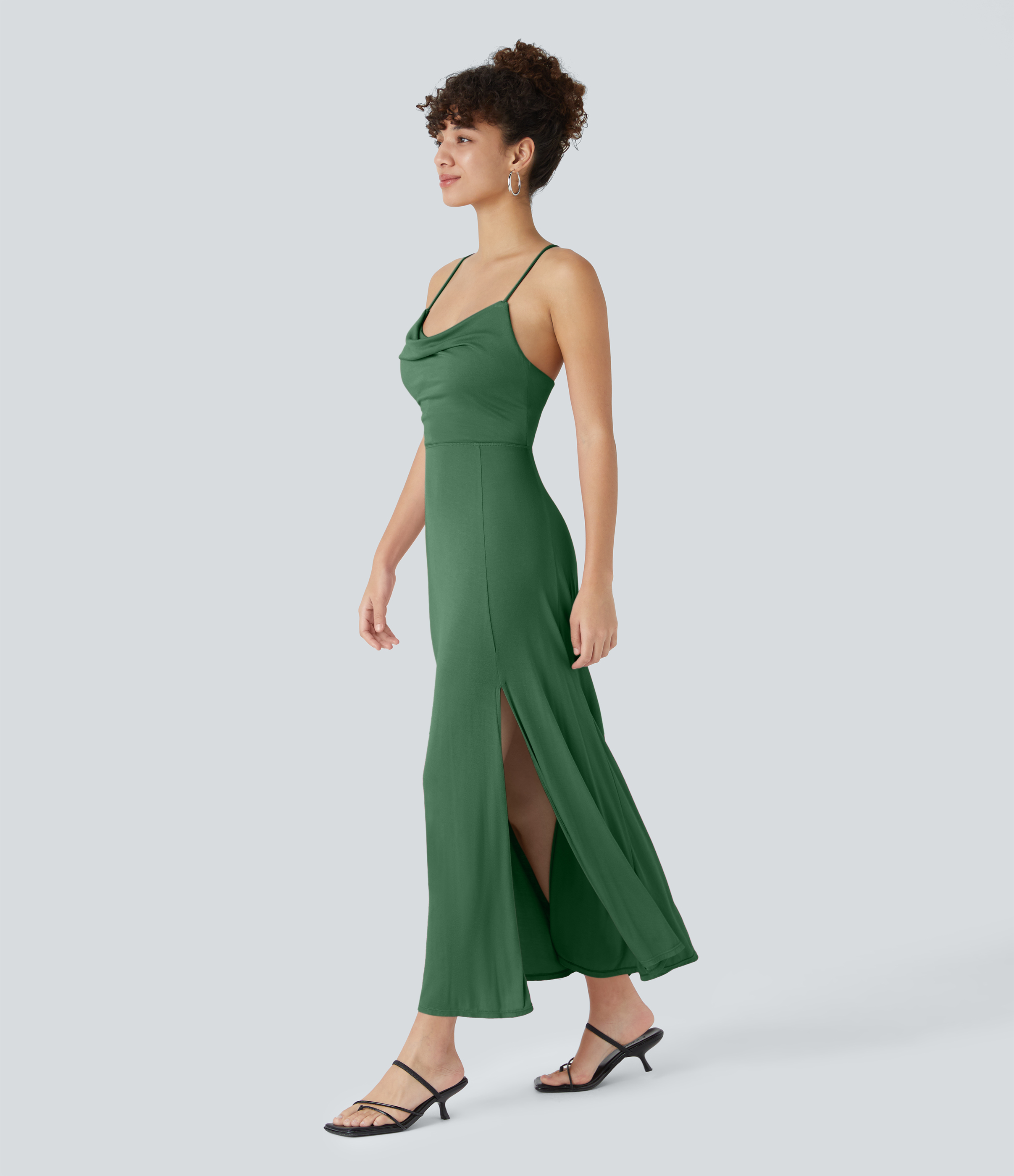 Halara Ribbed Cowl Neck Backless Crisscross Lace Up Split Midi Party Dress Casual Dress - Dark Verdant Green - XS slip dress beach dress 