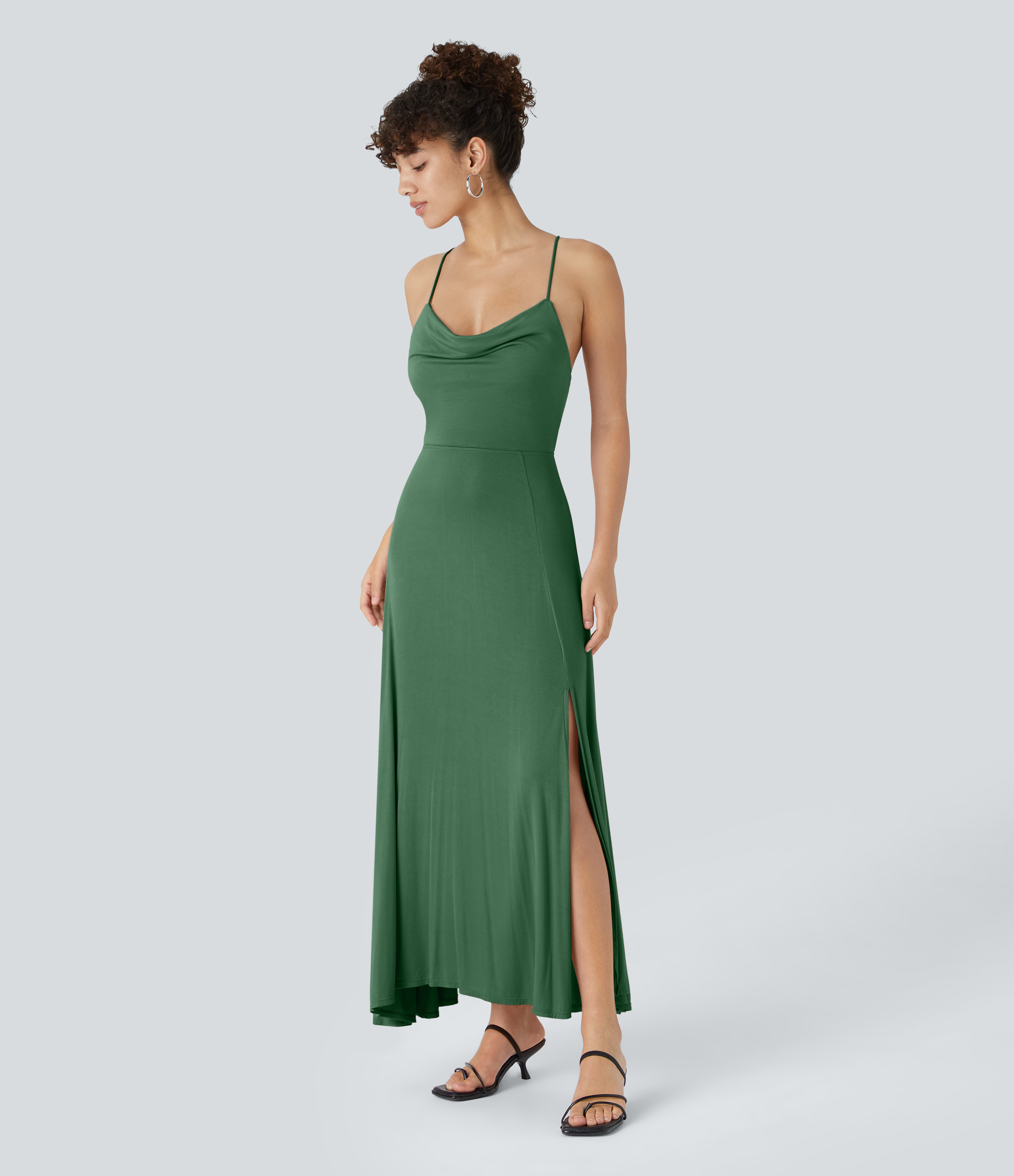 Halara Ribbed Cowl Neck Backless Crisscross Lace Up Split Midi Party Dress Casual Dress - Dark Verdant Green - XS slip dress beach dress 