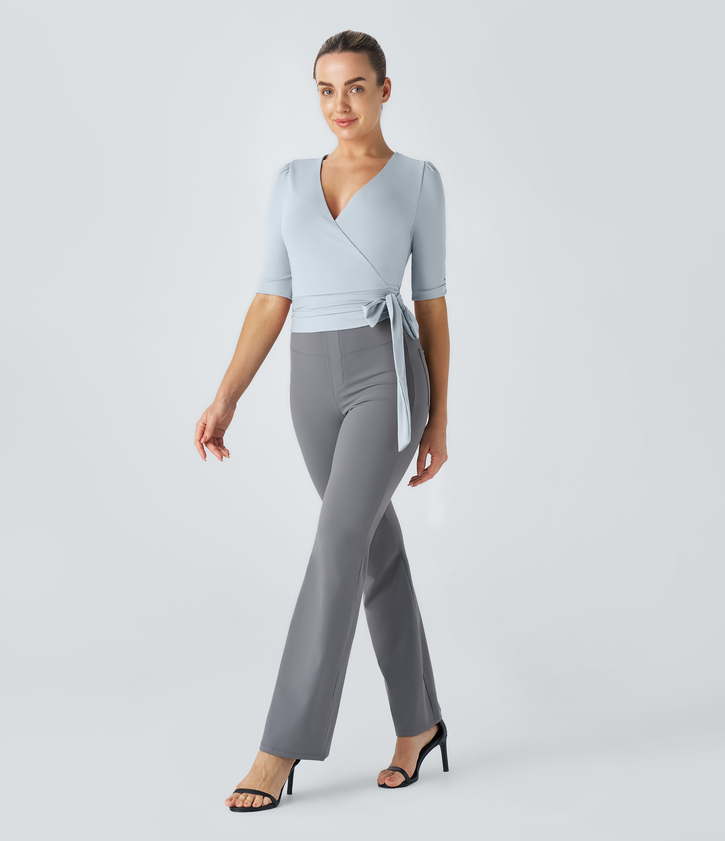 Halara V Neck Wrapped Tie Side Work Blouse  - Skyride - S 