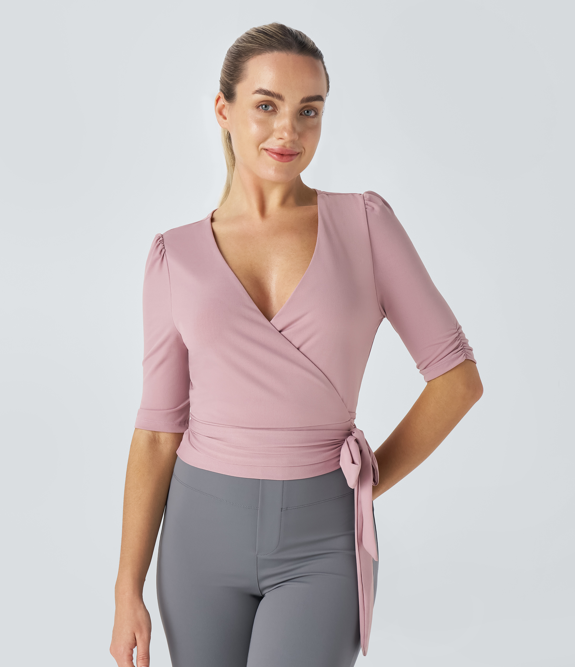 Halara V Neck Wrapped Tie Side Work Blouse  - Lilac Pink - XL 