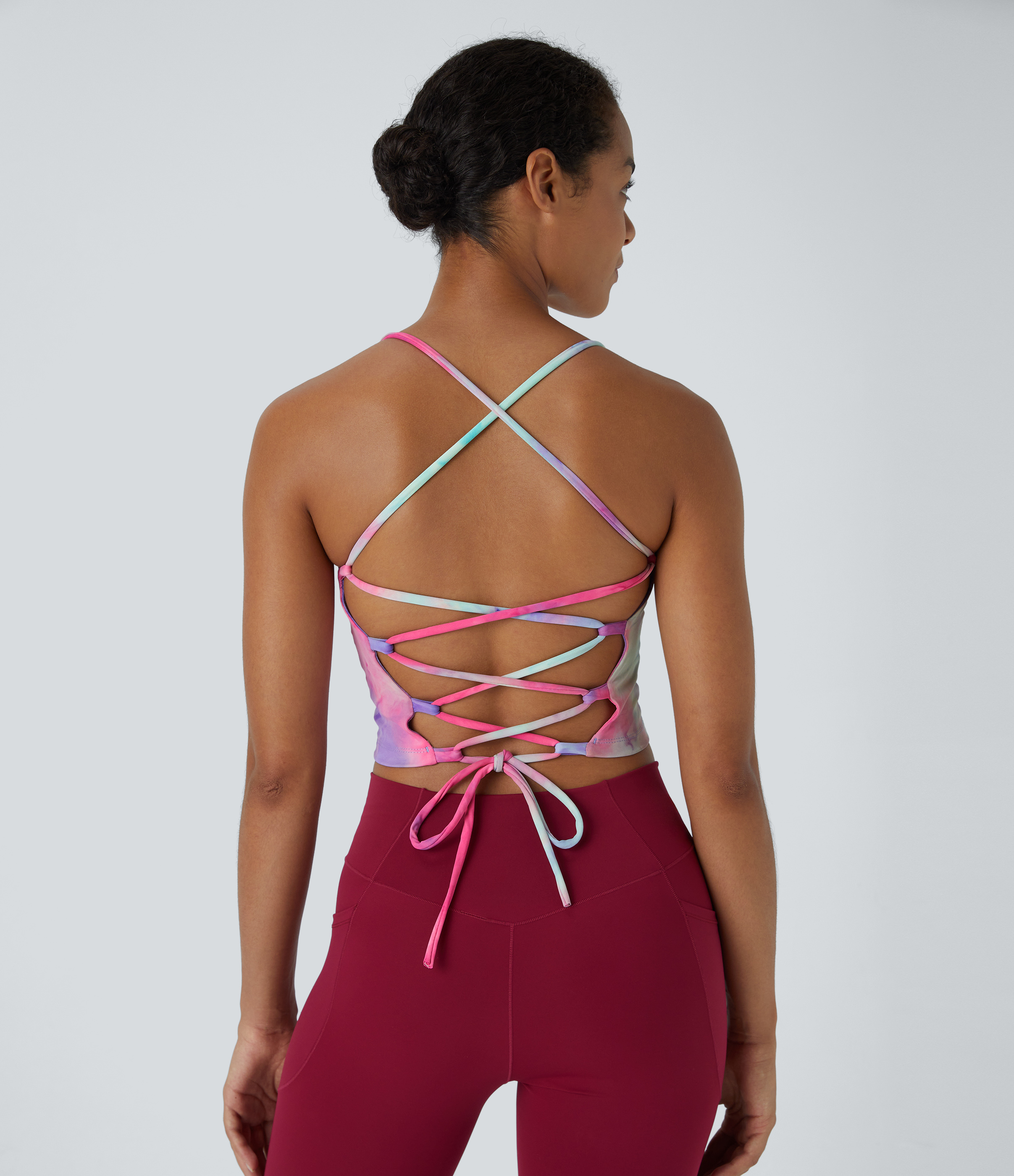 Halara Spaghetti Strap Tie Dye Backless Crisscross Lace Up Cropped Tank Top Tank Top - Tie-dye Purple Cyan - XL golf tops halter top 