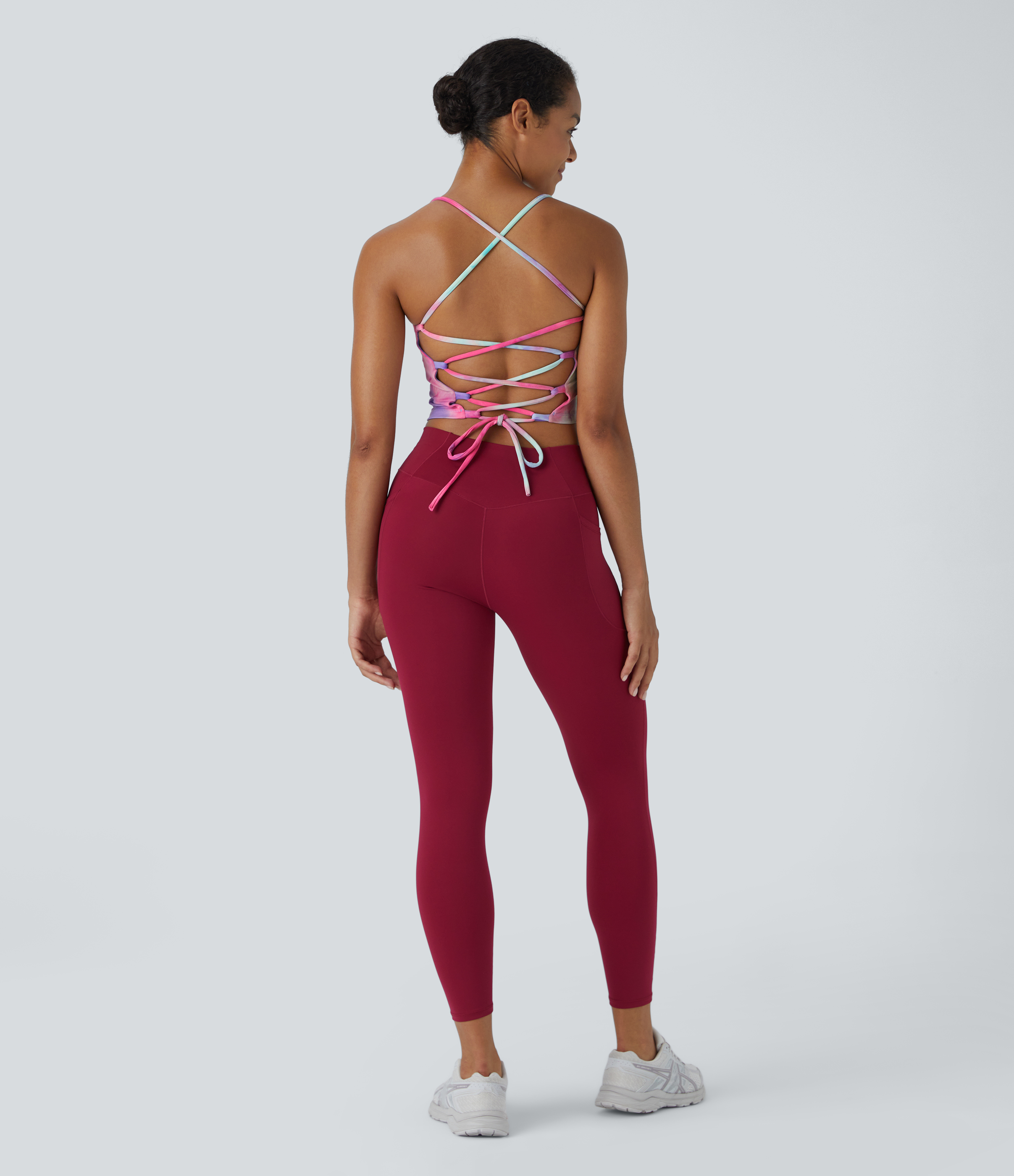 Halara Spaghetti Strap Tie Dye Backless Crisscross Lace Up Cropped Tank Top Tank Top - Tie-dye Purple Cyan - XL golf tops halter top 