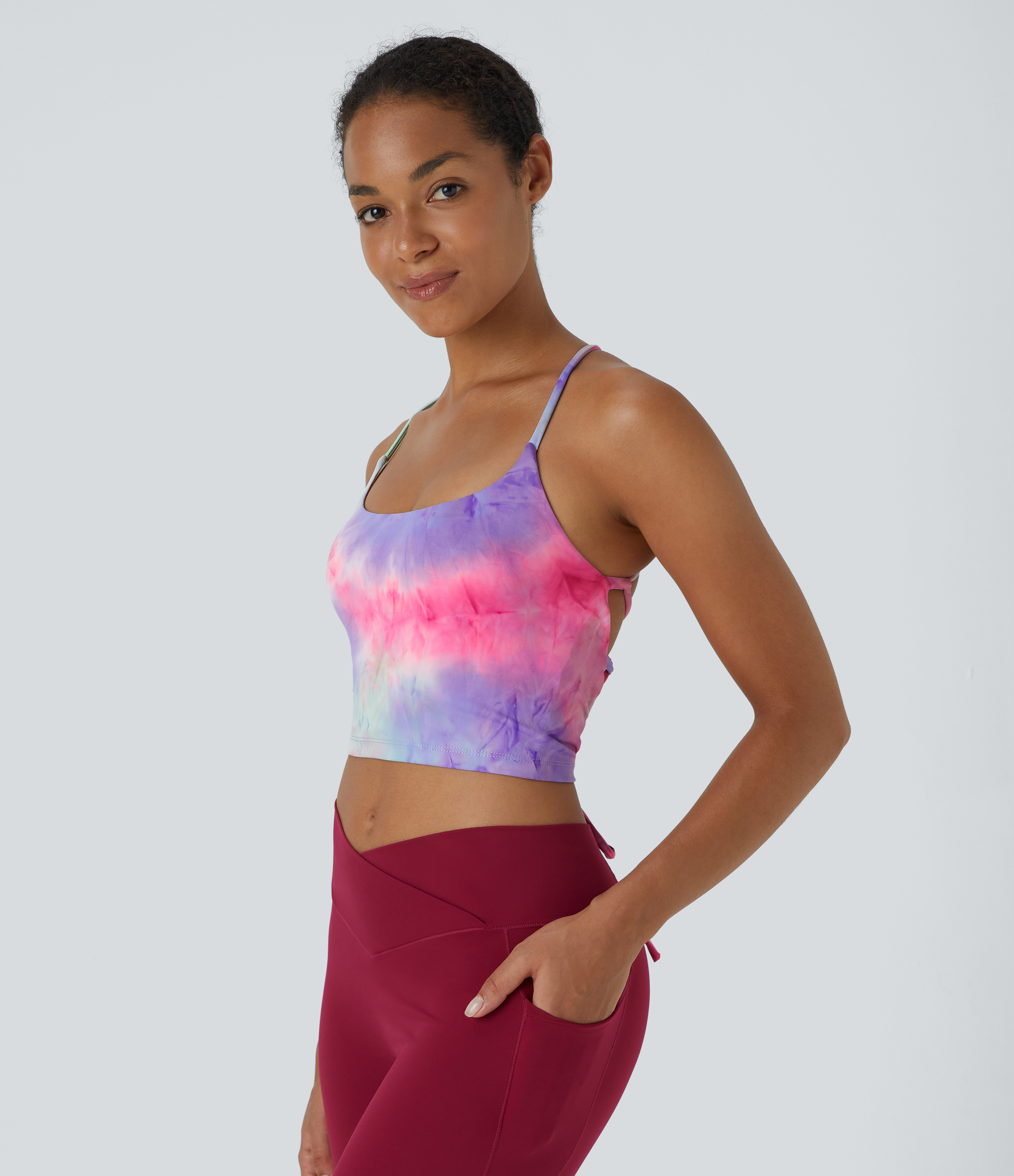 Halara Spaghetti Strap Tie Dye Backless Crisscross Lace Up Cropped Tank Top Tank Top - Tie-dye Purple Cyan - XL golf tops halter top 