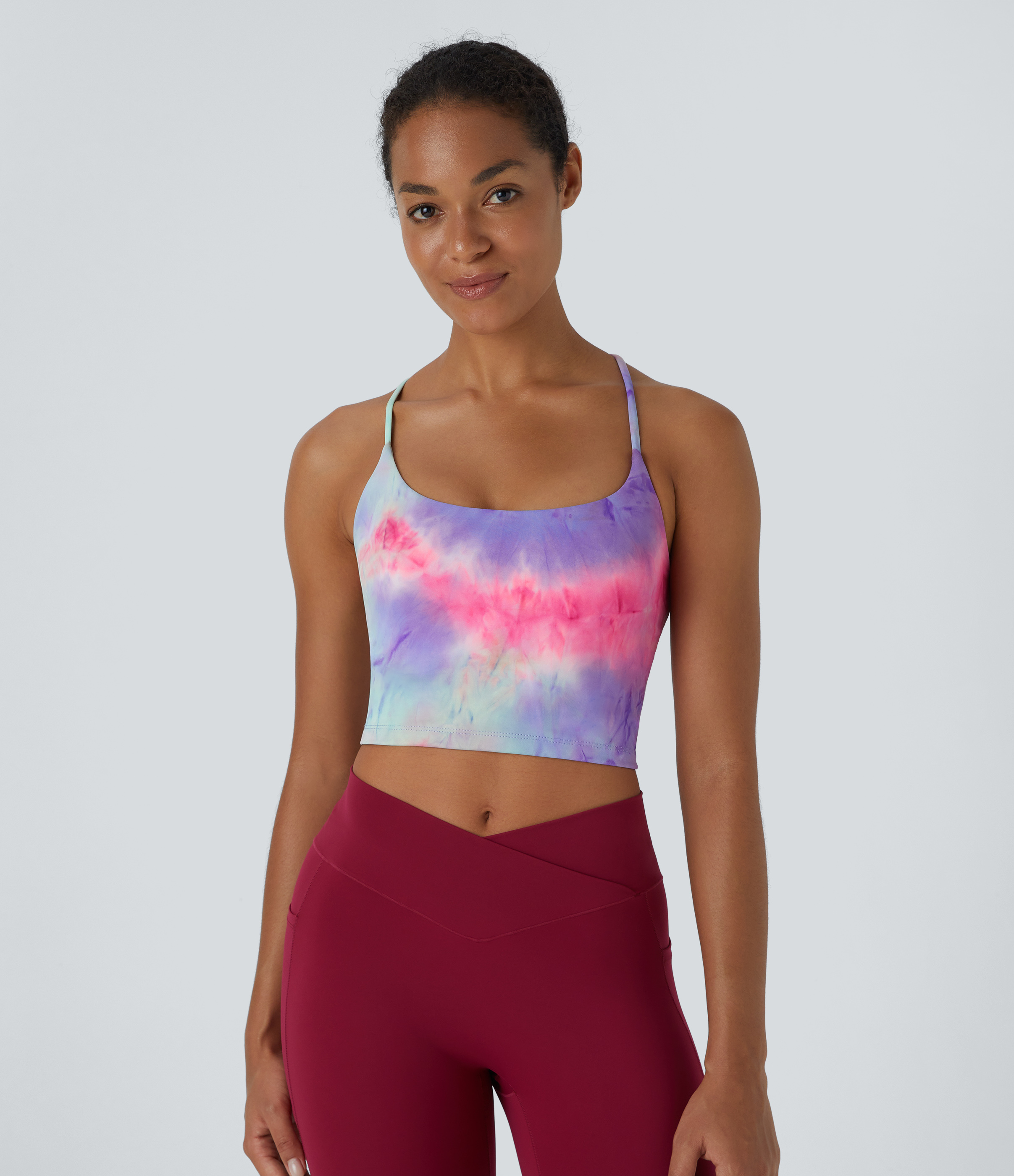 Halara Spaghetti Strap Tie Dye Backless Crisscross Lace Up Cropped Tank Top Tank Top - Tie-dye Purple Cyan - XL golf tops halter top 