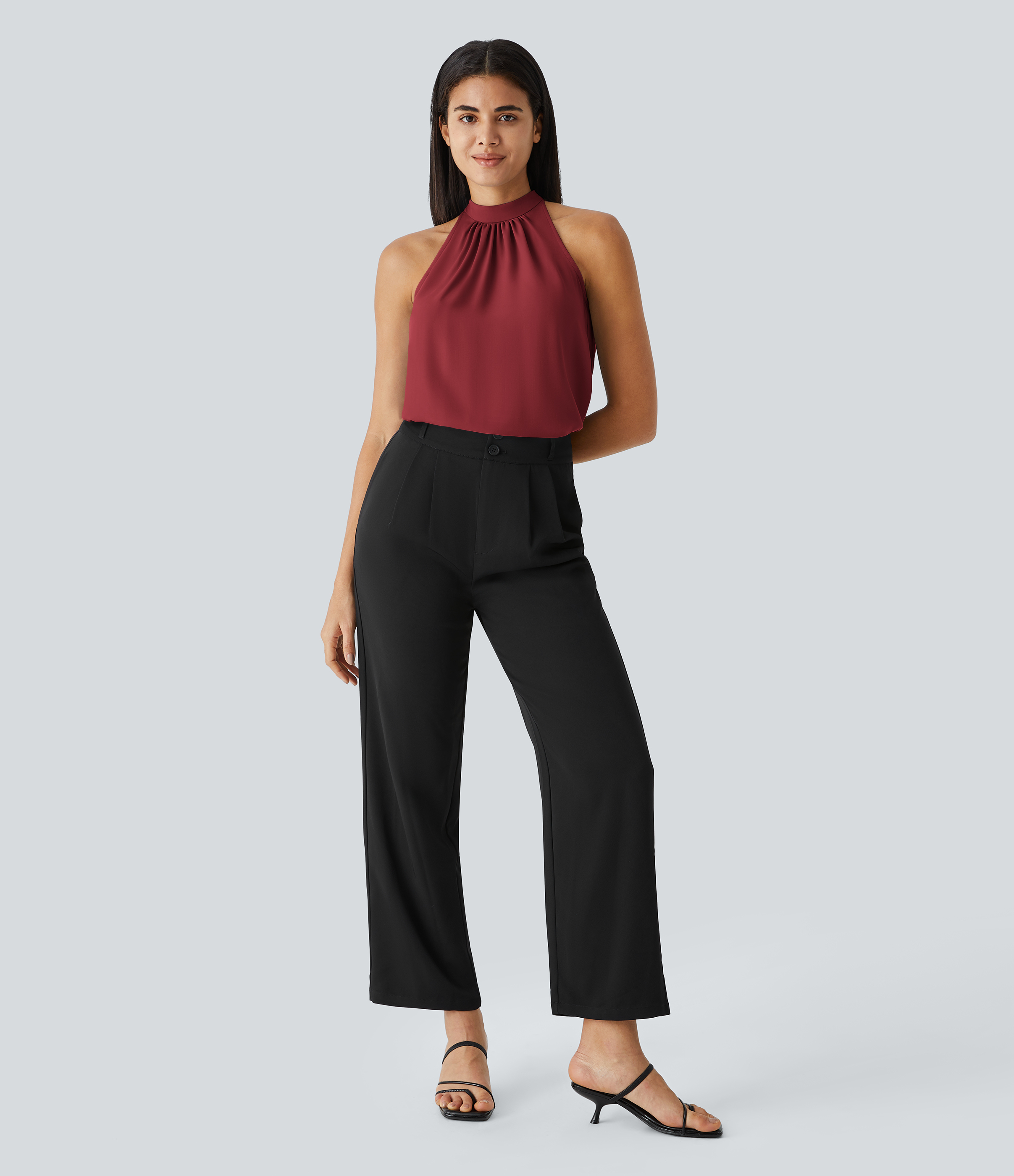 Halara Keyhole Back Halter Plicated Sleeveless Curved Hem Work Blouse  - Plum Bossom Red - L 