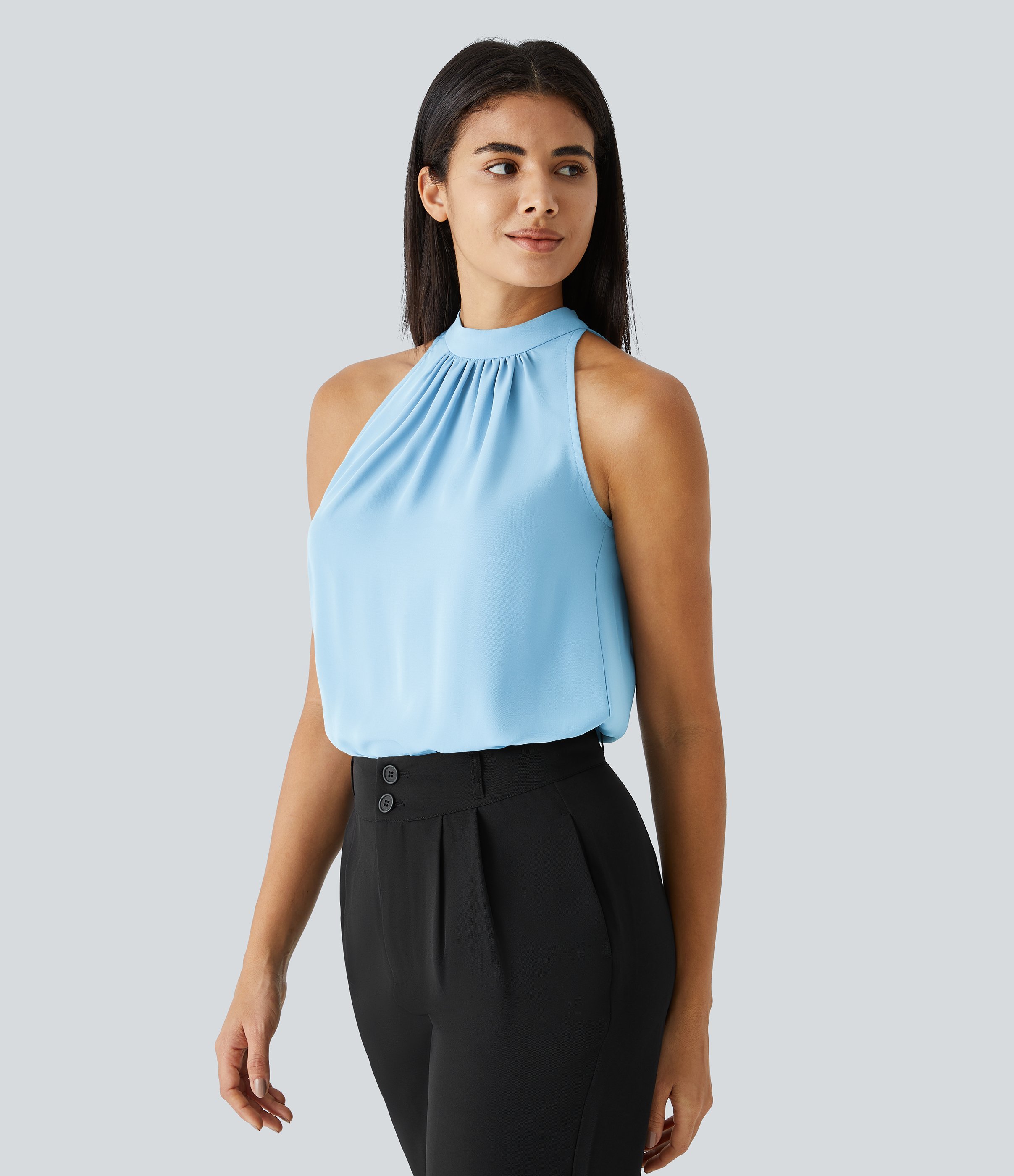 Halara Keyhole Back Halter Plicated Sleeveless Curved Hem Work Blouse  - Rippling Blue - L 