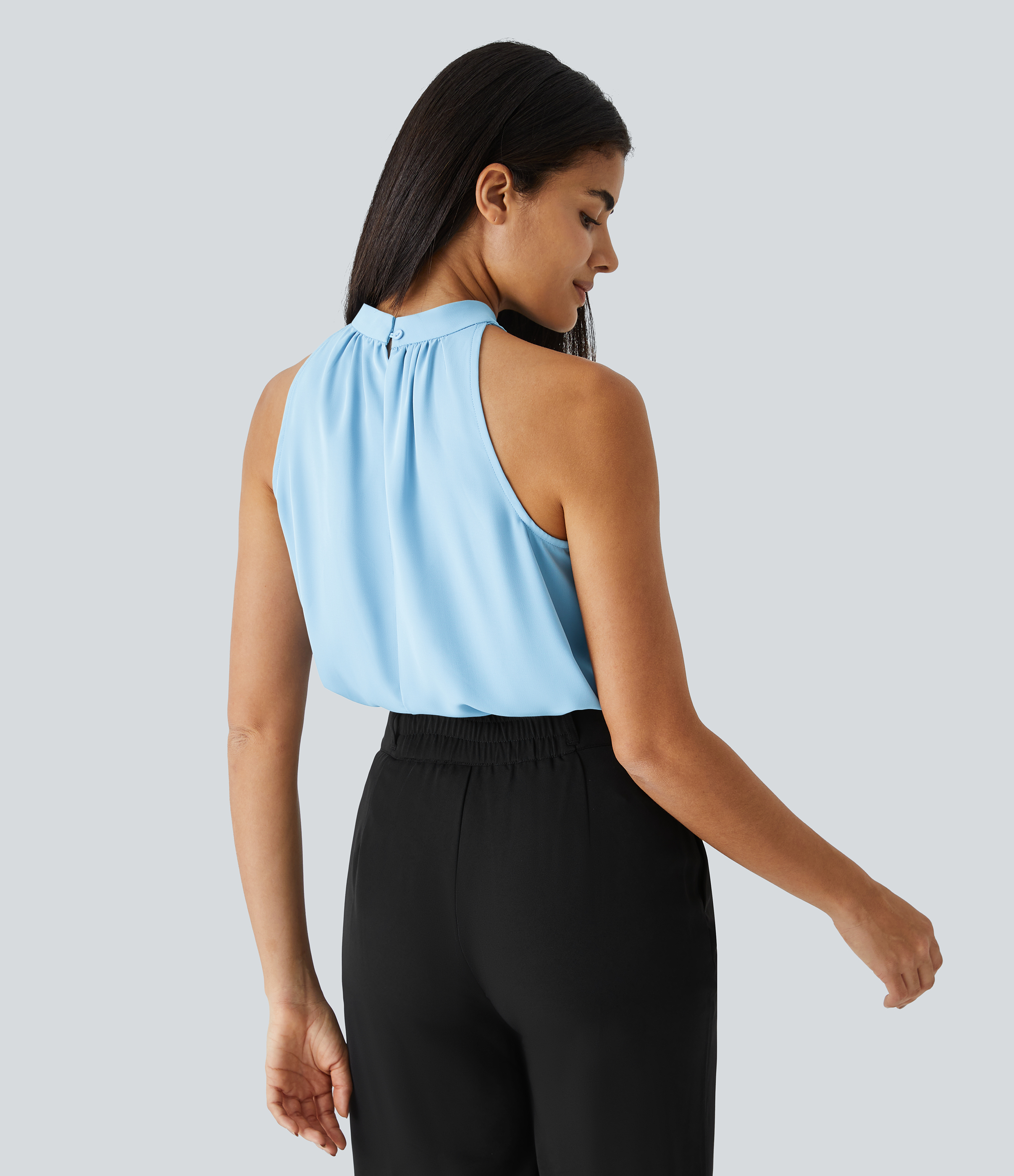 Halara Keyhole Back Halter Plicated Sleeveless Curved Hem Work Blouse  - Rippling Blue - L 