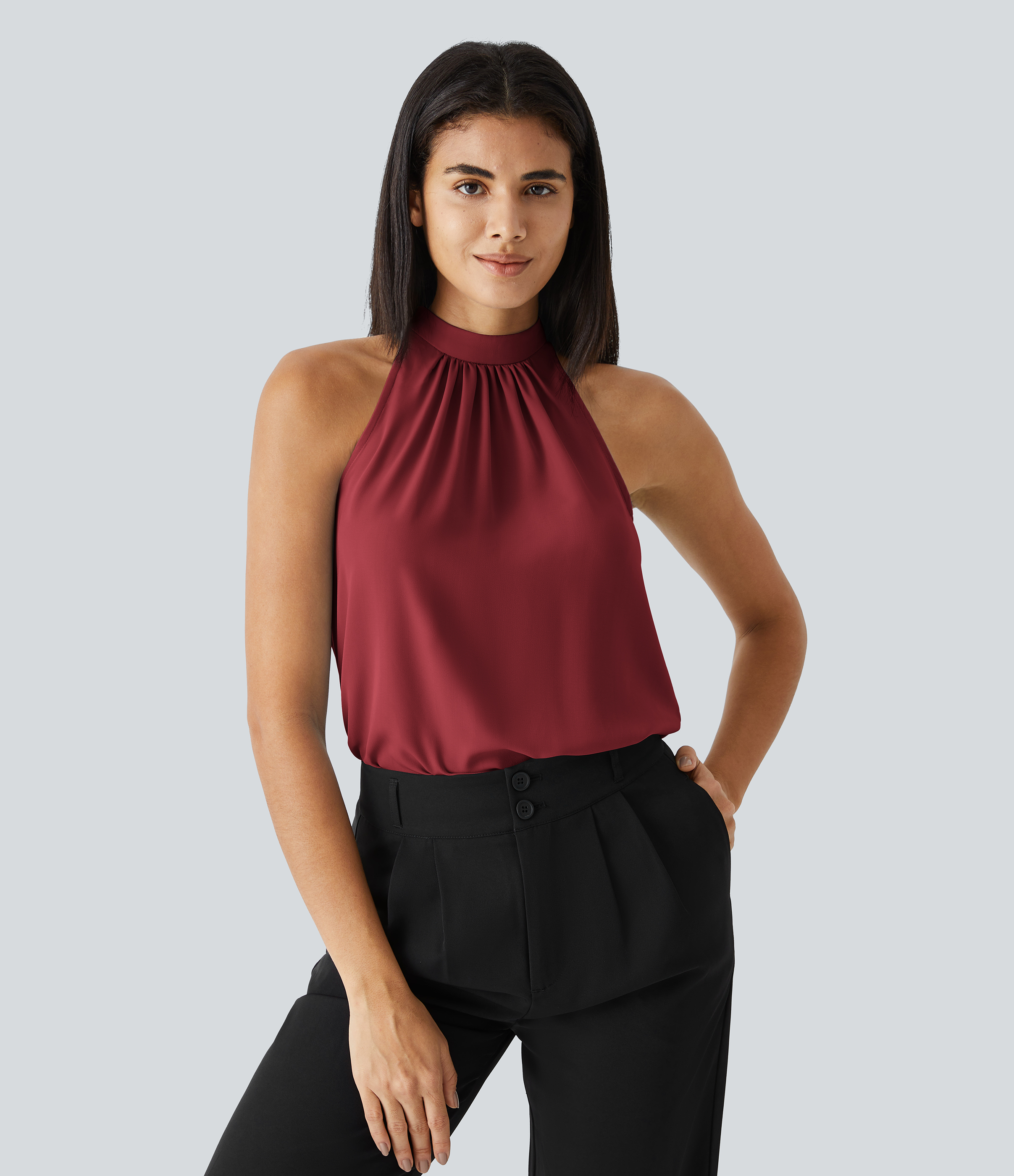 Halara Keyhole Back Halter Plicated Sleeveless Curved Hem Work Blouse  - Plum Bossom Red - L 