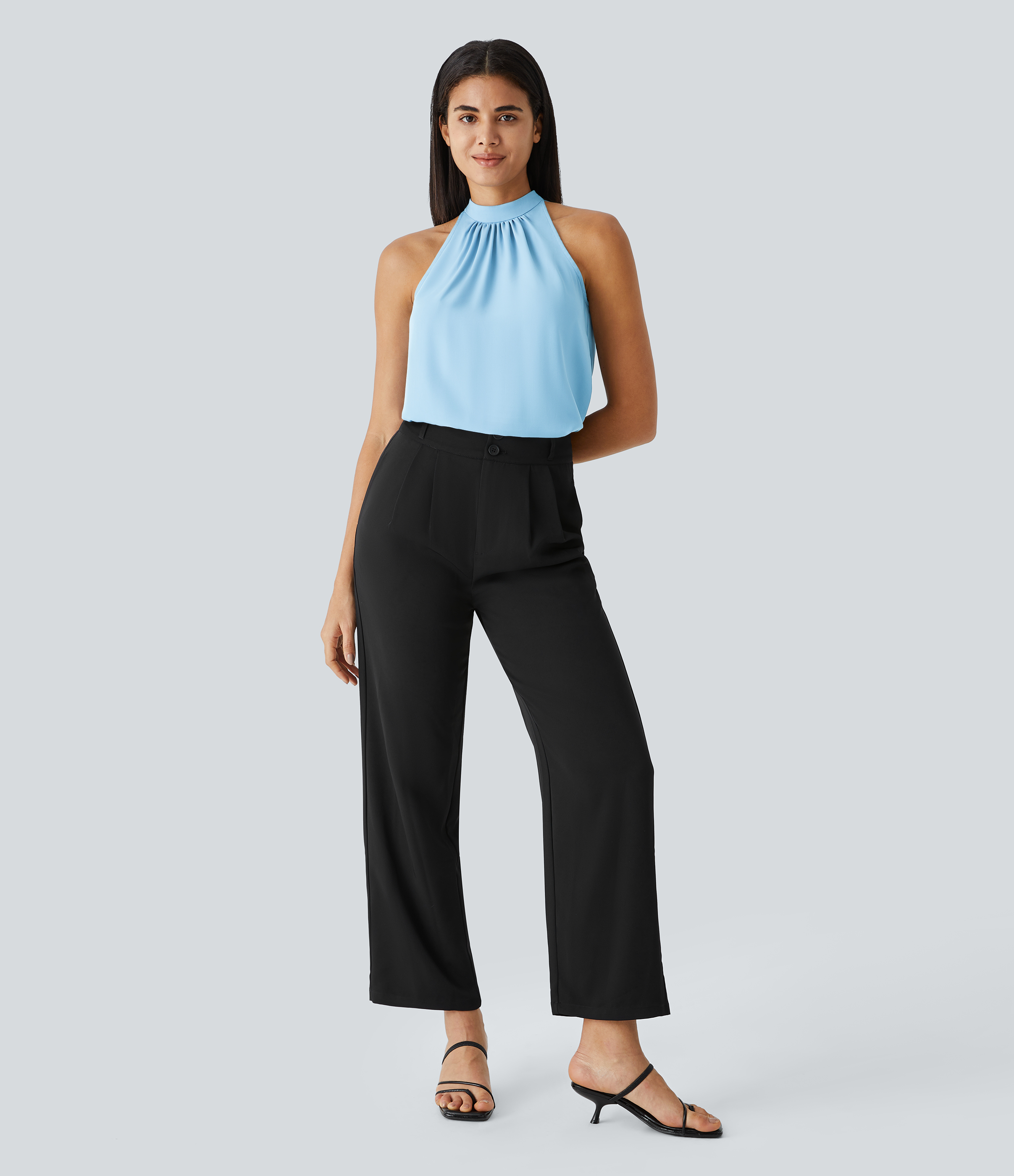 Halara Keyhole Back Halter Plicated Sleeveless Curved Hem Work Blouse  - Rippling Blue - L 