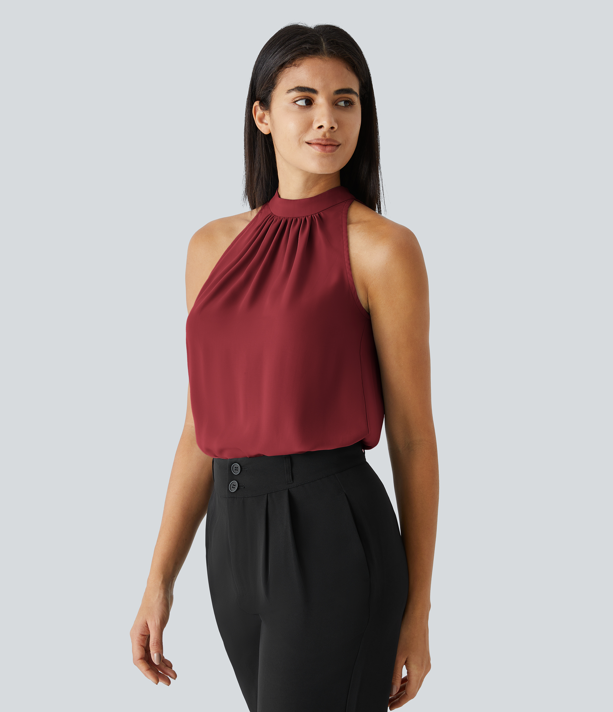 Halara Keyhole Back Halter Plicated Sleeveless Curved Hem Work Blouse  - Plum Bossom Red - L 