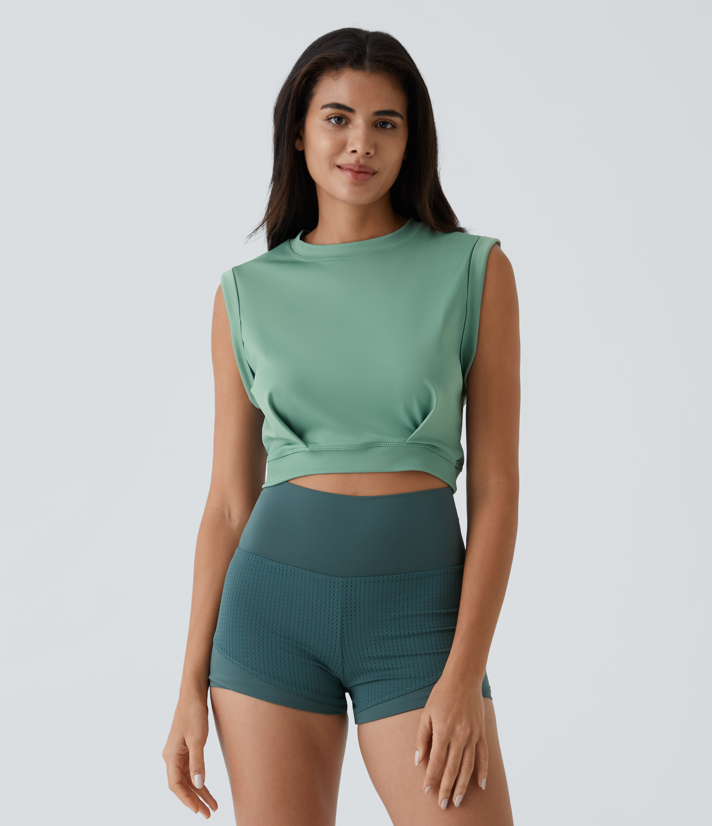 Halara Crew Neck Sleeveless Cropped Yoga Tank Top Tank Top - Trellis - M golf tops halter top tunic tops sleeveless tops backless top 