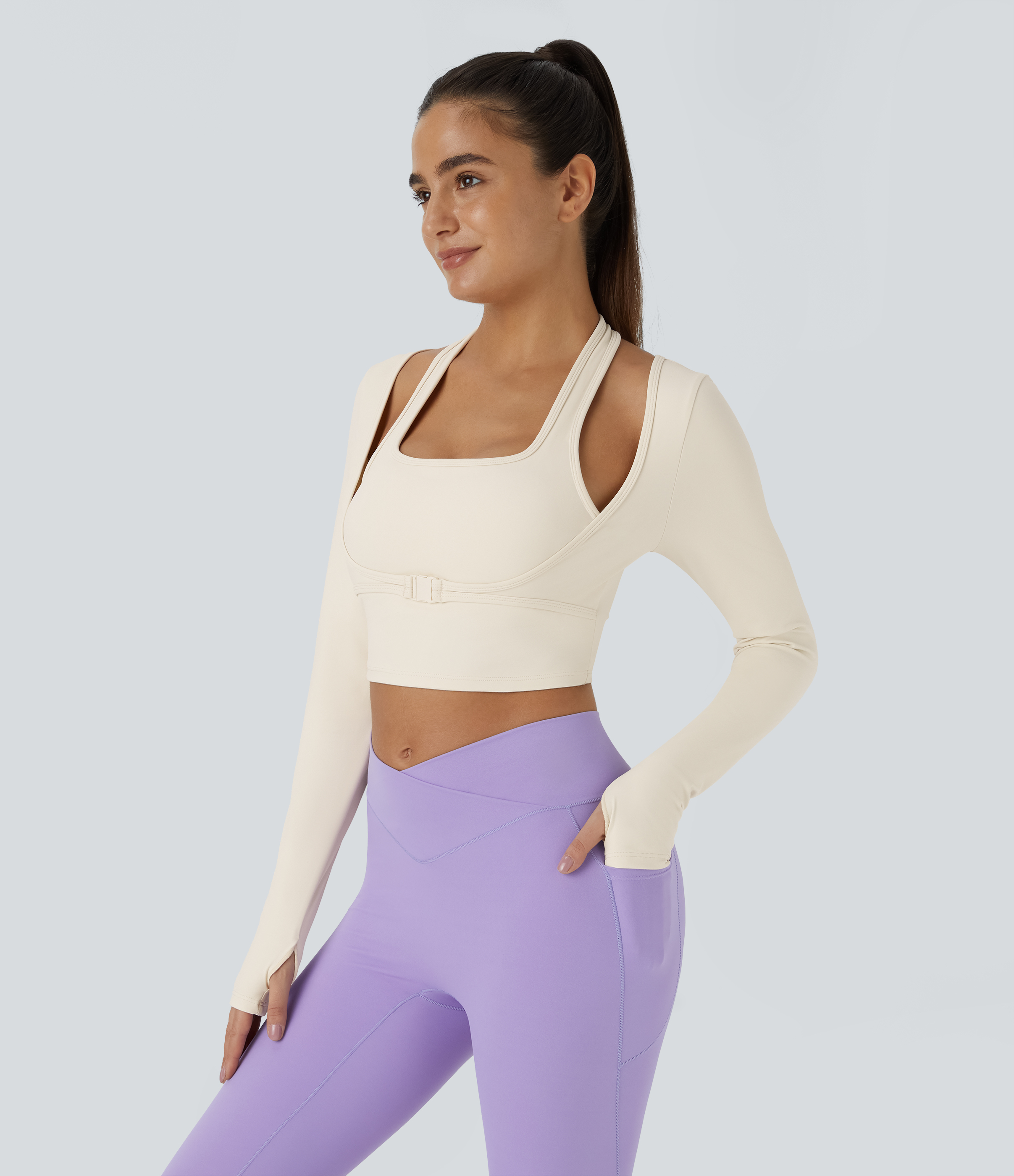 Halara Softlyzeroв„ў Plush Halter Thumb Hole Long Sleeve Cropped 2-in-1 Yoga Sports Top  - Solitary Star - XL 