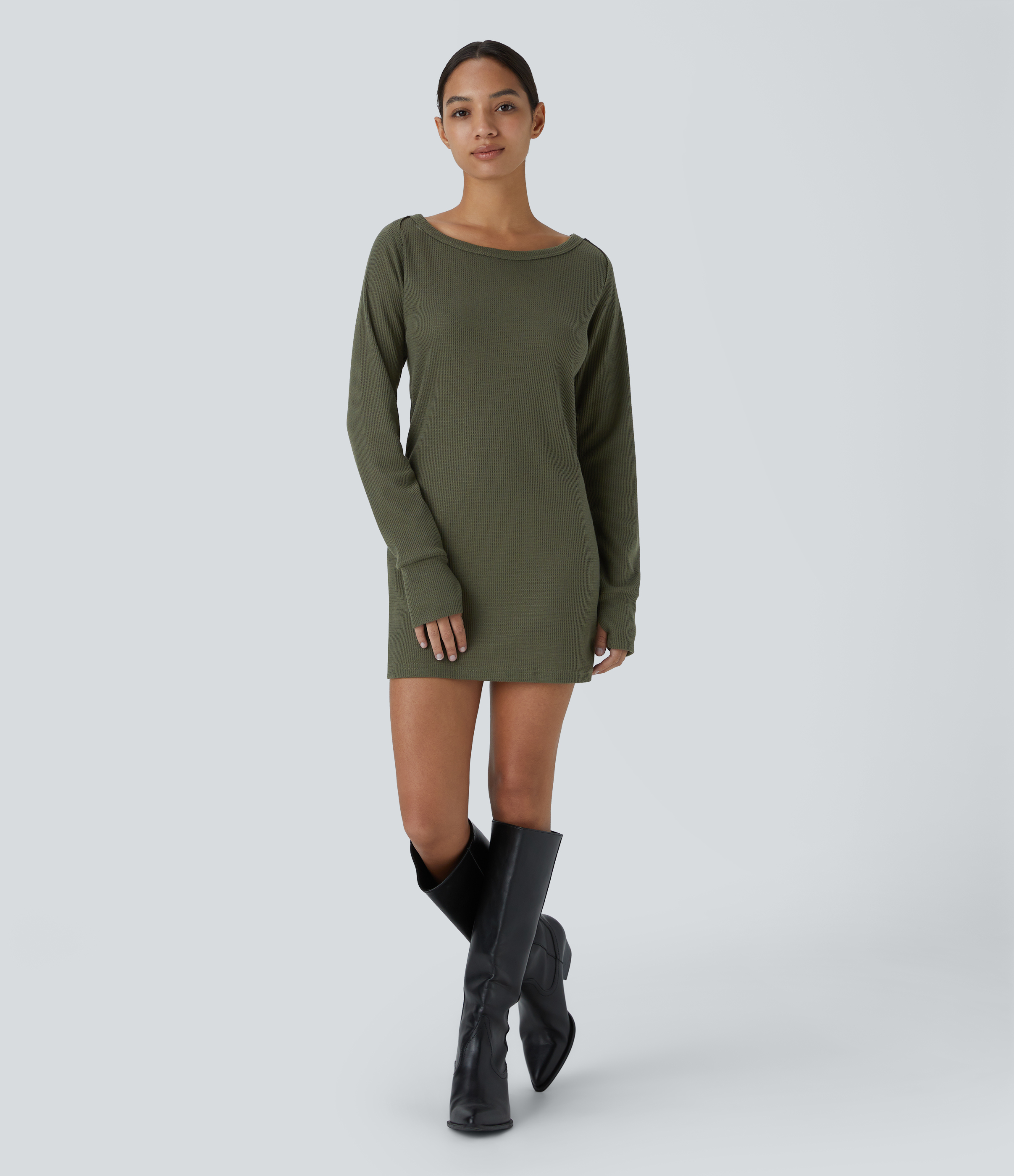 Halara Boat Neck Raglan Sleeve Thumb Hole Split Hem Waffle Casual Sweatshirt Dress  - Kalamata - XS 