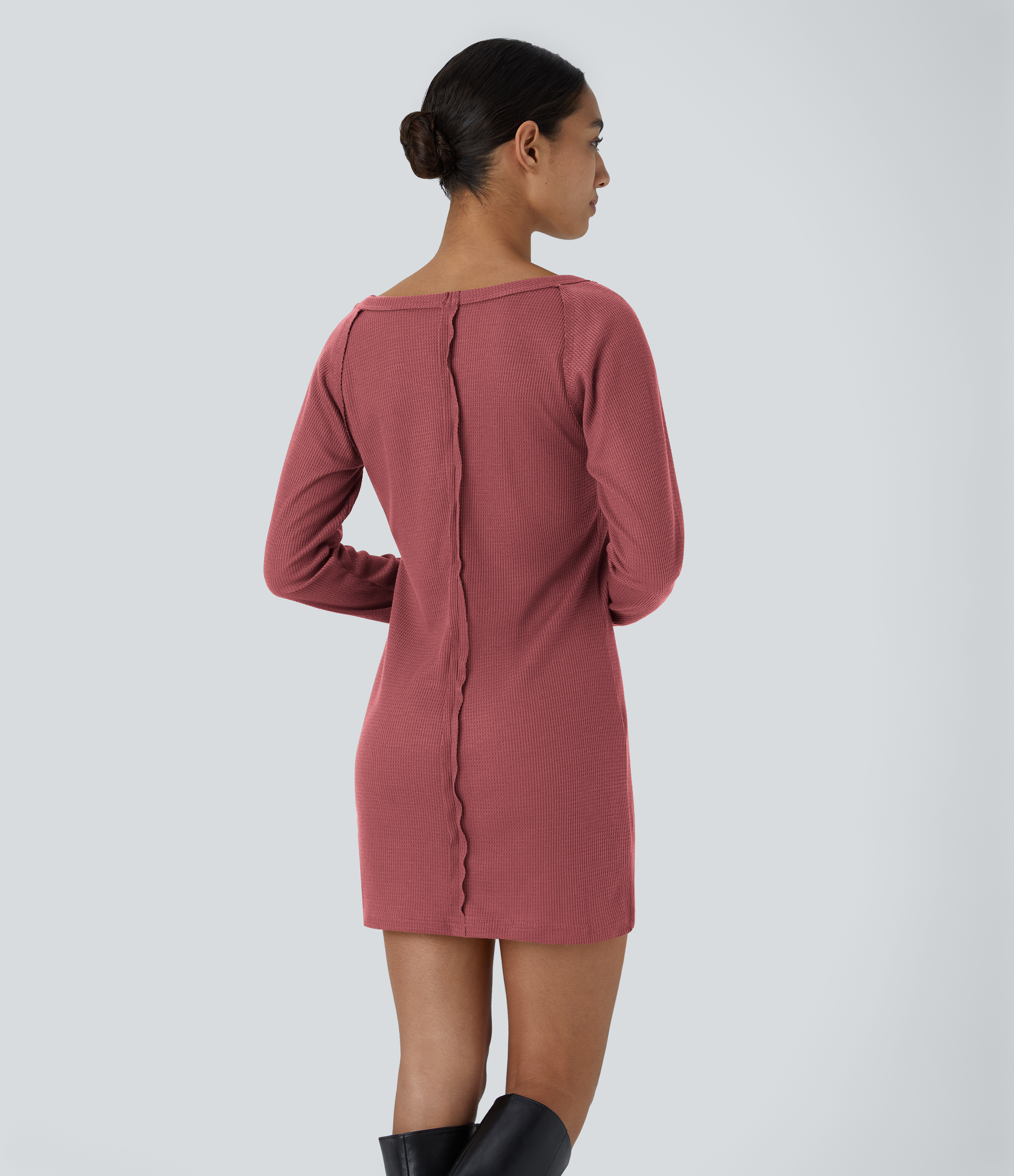 Halara Boat Neck Raglan Sleeve Thumb Hole Split Hem Waffle Casual Sweatshirt Dress  - Mauveglow - XL 