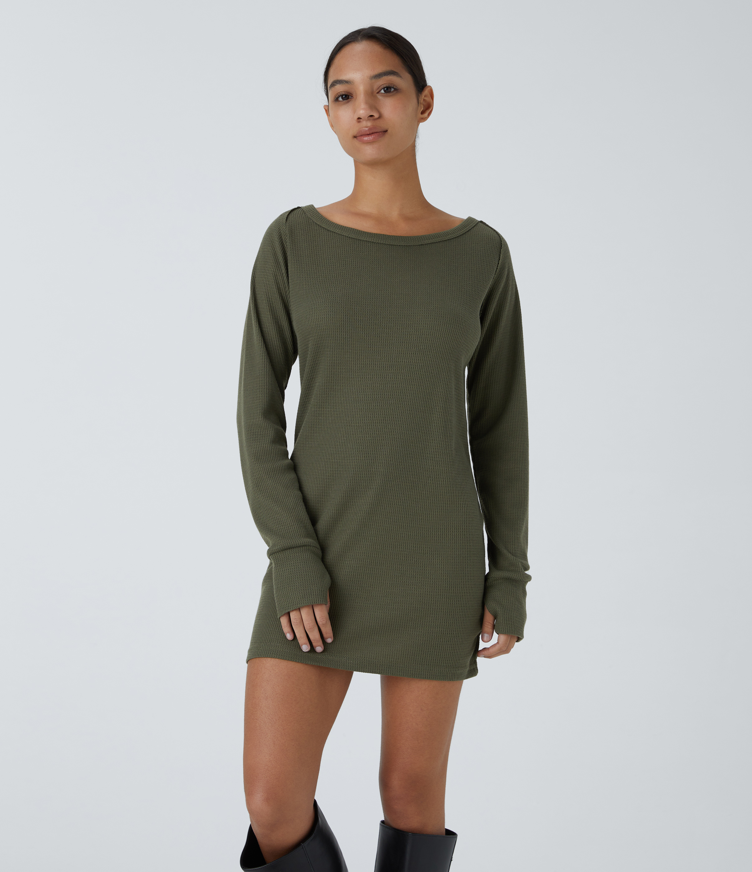 Halara Boat Neck Raglan Sleeve Thumb Hole Split Hem Waffle Casual Sweatshirt Dress  - Kalamata - XS 