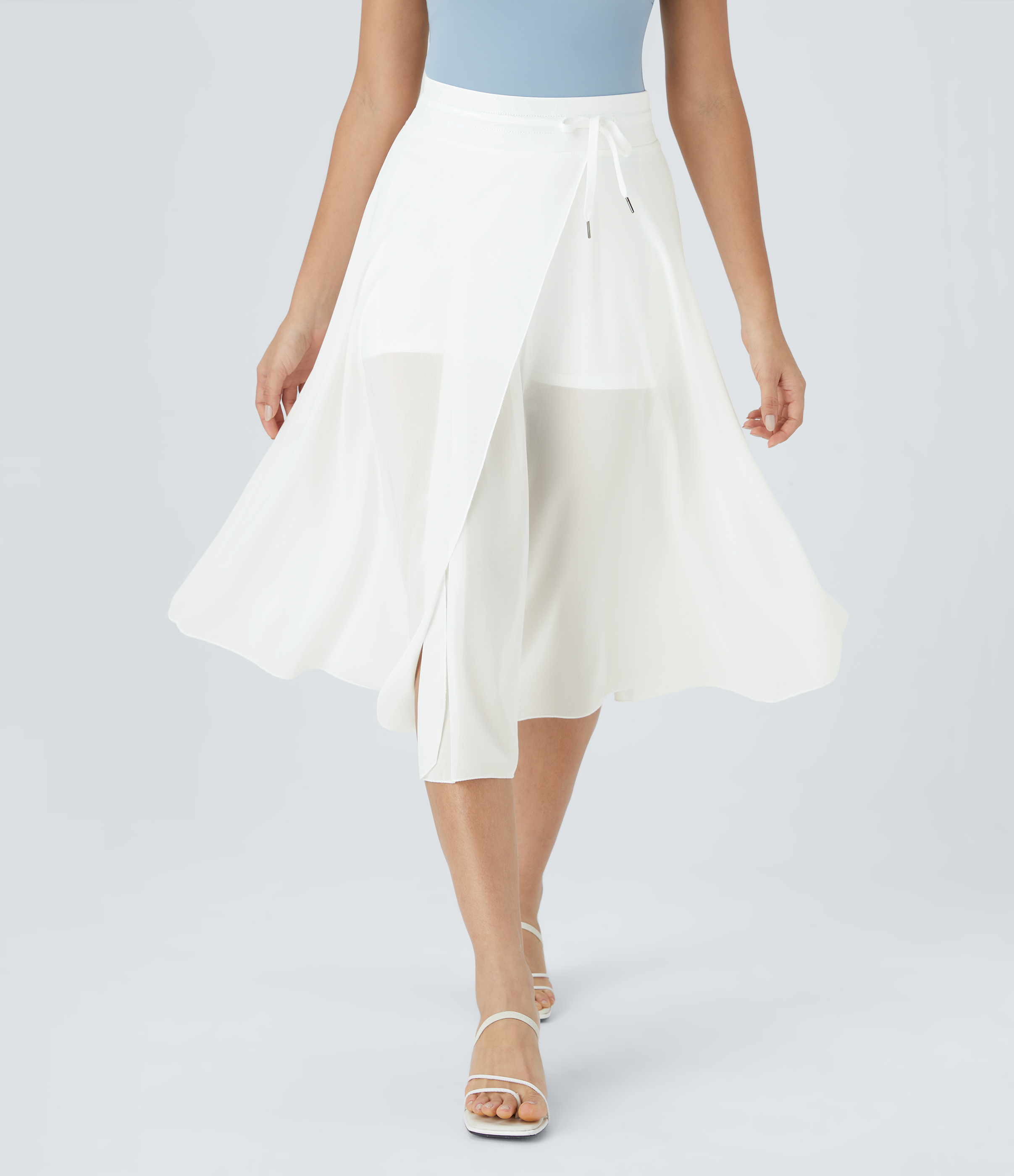 Halara High Waisted Drawstring Contrast Mesh 2-in-1 Side Pocket Flowy Midi Flare Casual Skirt  - White - XS midi skirt a line skirt 