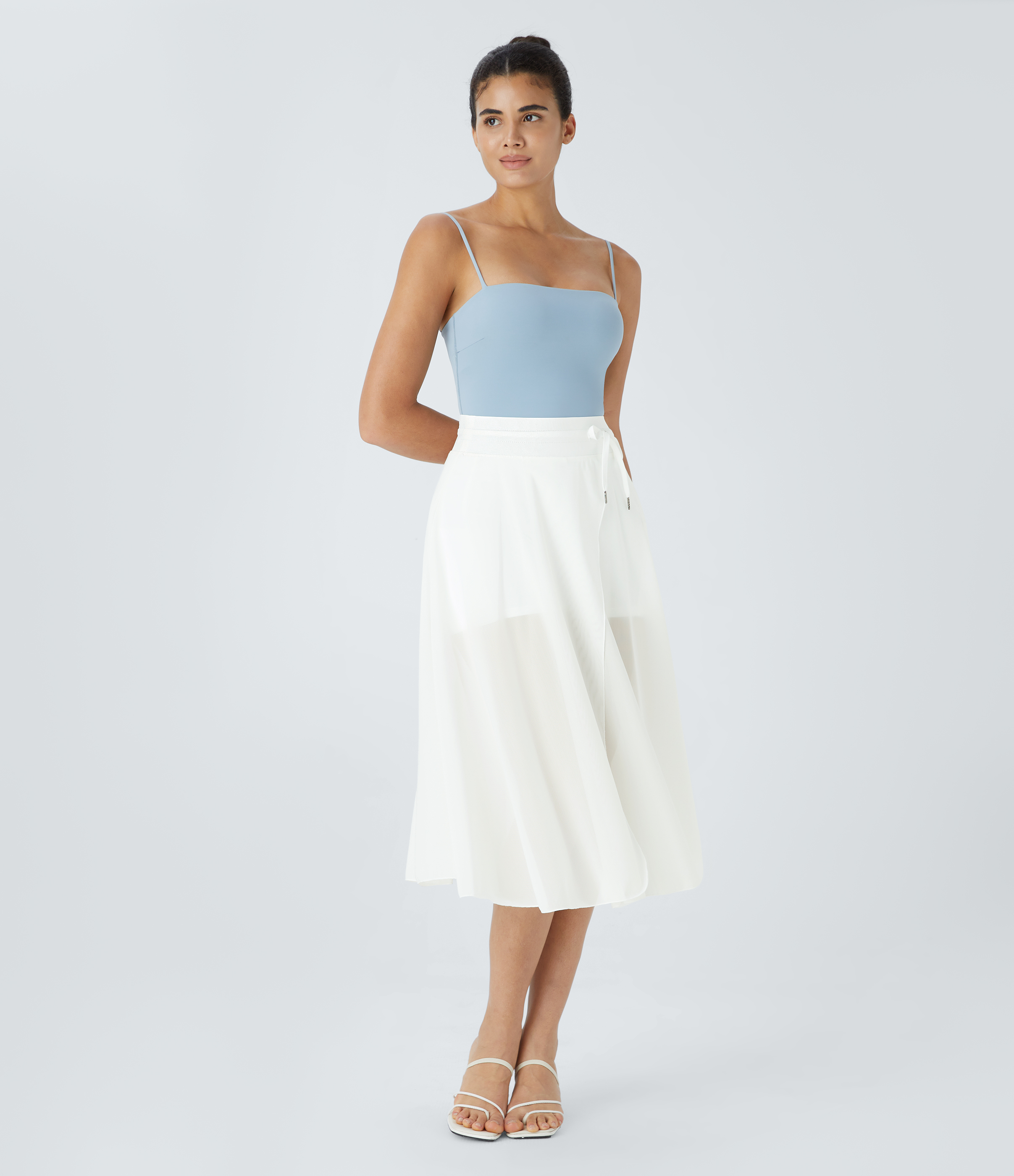 Halara High Waisted Drawstring Contrast Mesh 2-in-1 Side Pocket Flowy Midi Flare Casual Skirt  - White - XS midi skirt a line skirt 