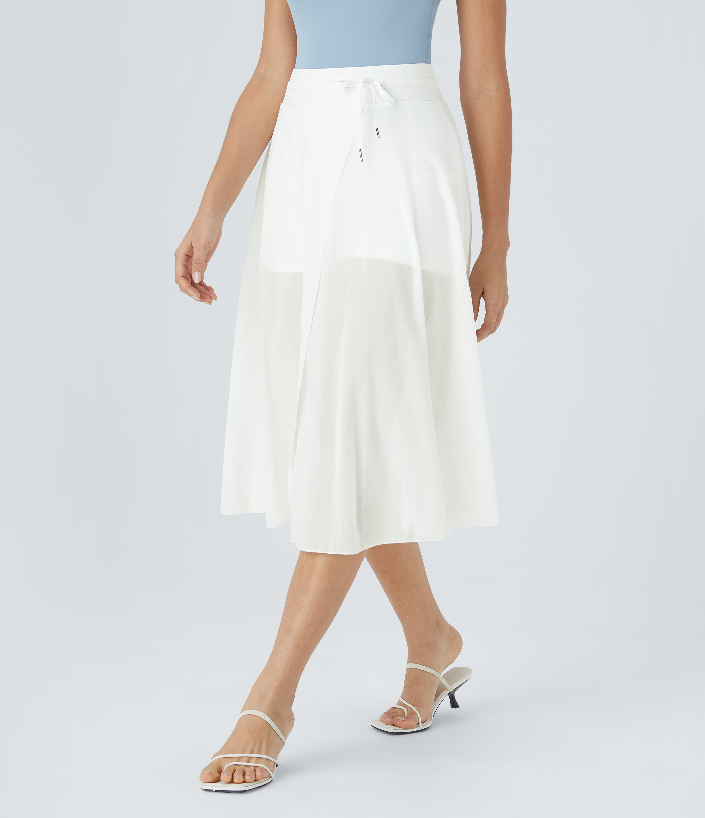 Halara High Waisted Drawstring Contrast Mesh 2-in-1 Side Pocket Flowy Midi Flare Casual Skirt  - White - XS midi skirt a line skirt 