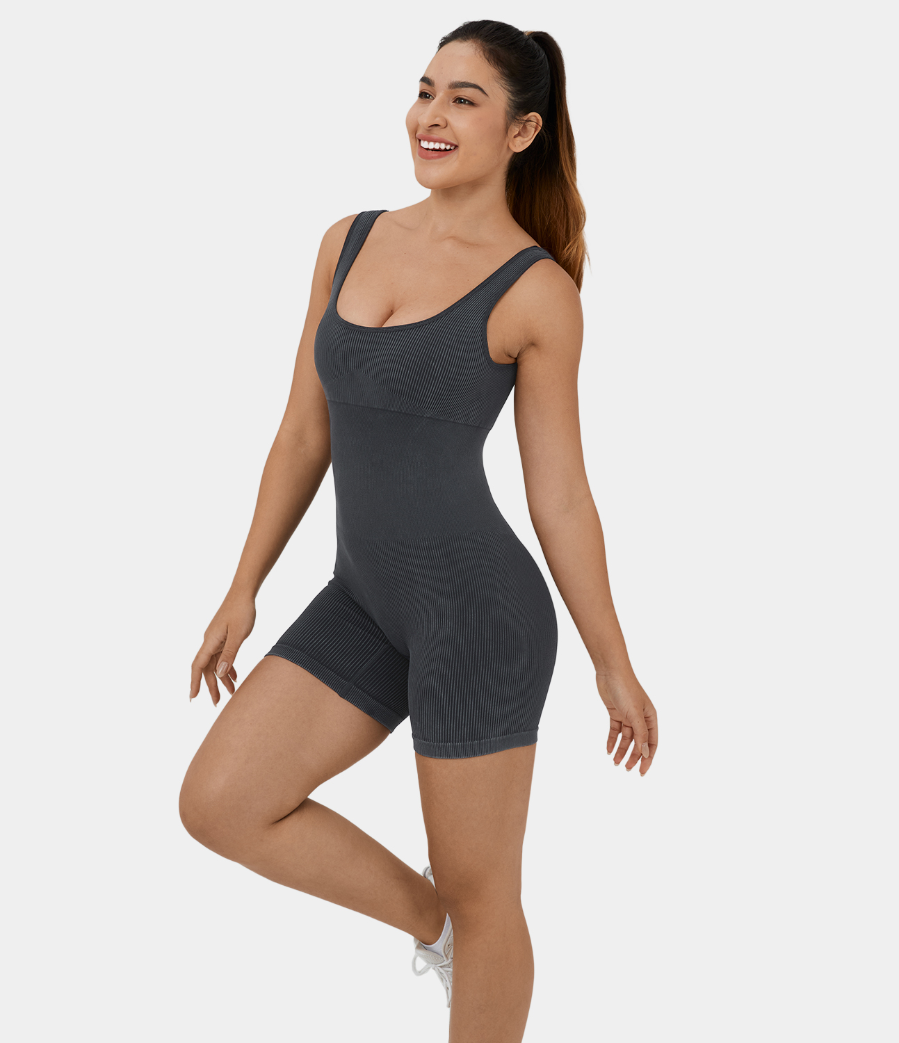 

Halara Seamless Flow U Neck Sleeveless Backless Washed Stripe Training Jumpsuit Workout Dress - Soot Stripe