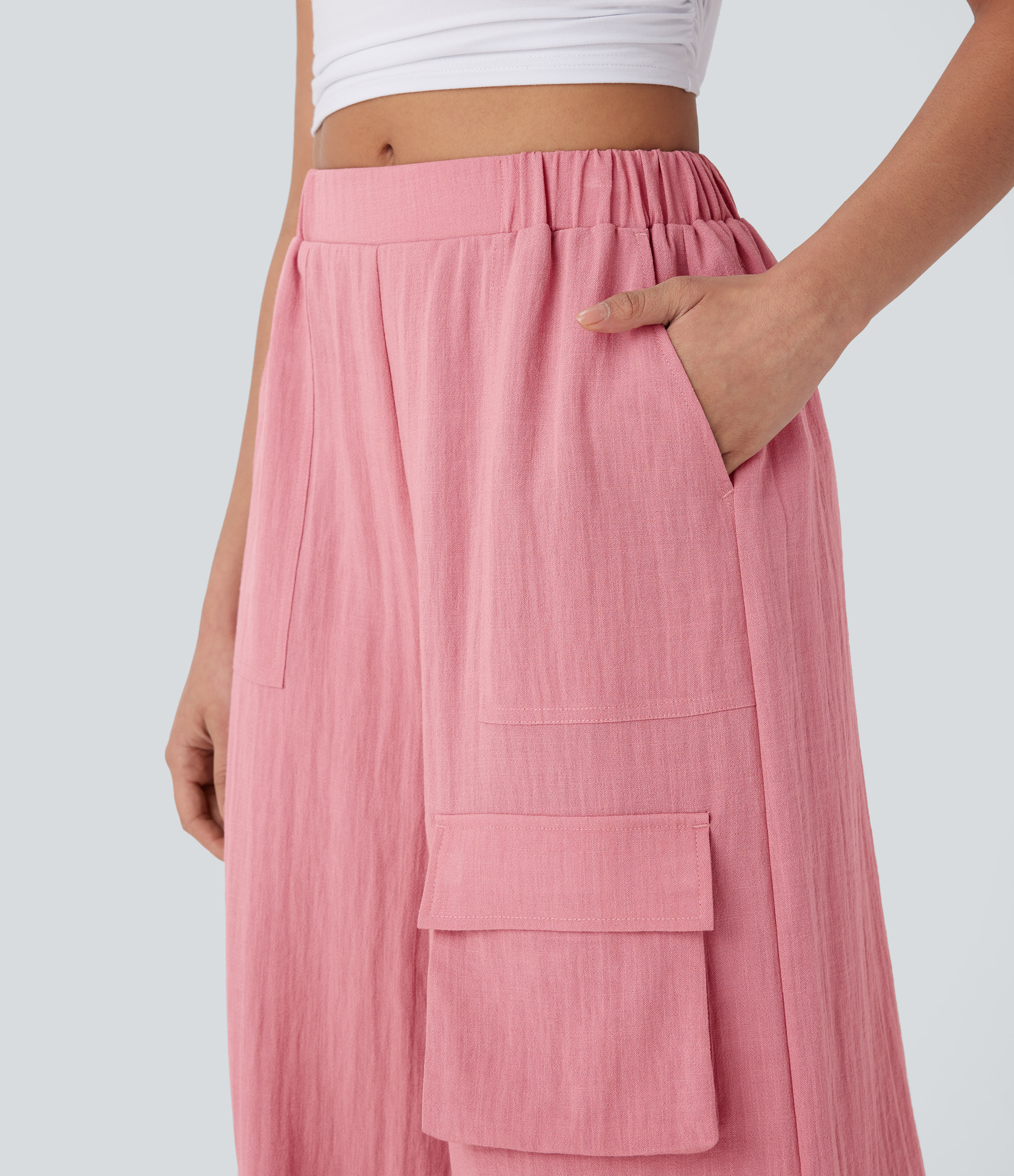 Halara High Waisted Multiple Pockets Wide Leg Work Linen-Feel Cargo Pants  - Rosette - L(regular) sweatpants jogger pants stacked sweatpants 