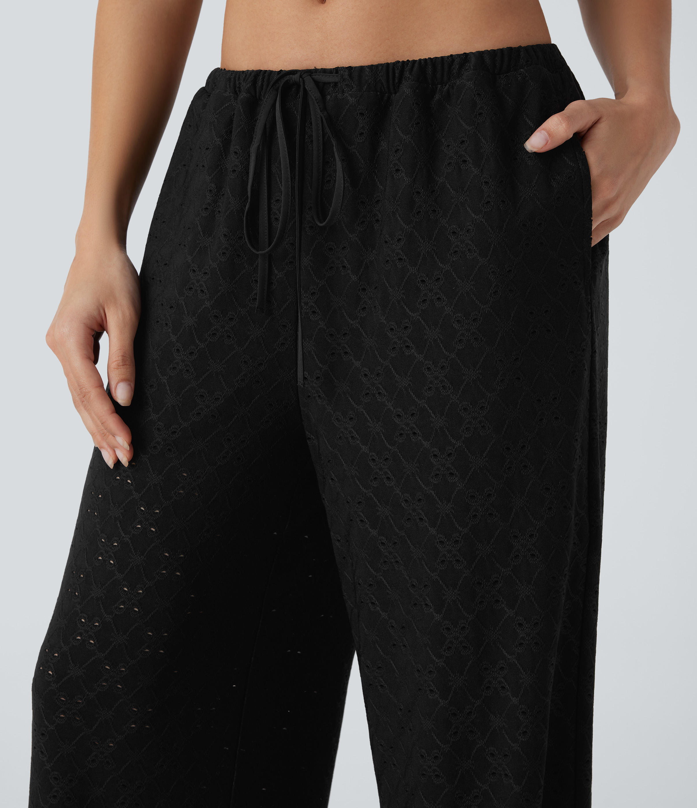 Halara Low Rise Drawstring Side Pocket 2-in-1 Wide Leg Eyelet Embroidery Casual Pants  - Black - XS(regular) sweatpants jogger pants 