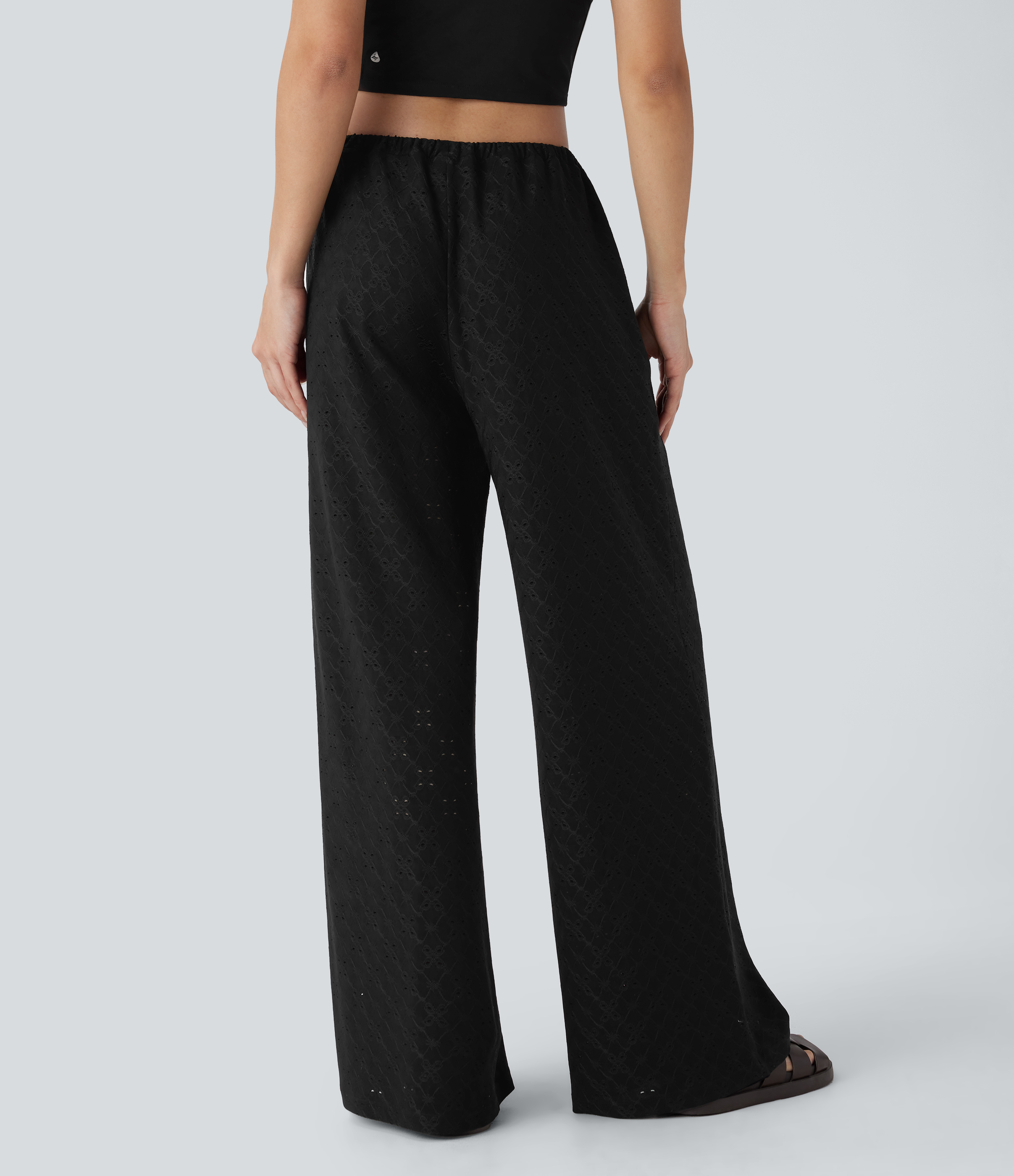 Halara Low Rise Drawstring Side Pocket 2-in-1 Wide Leg Eyelet Embroidery Casual Pants  - Black - XS(regular) sweatpants jogger pants 