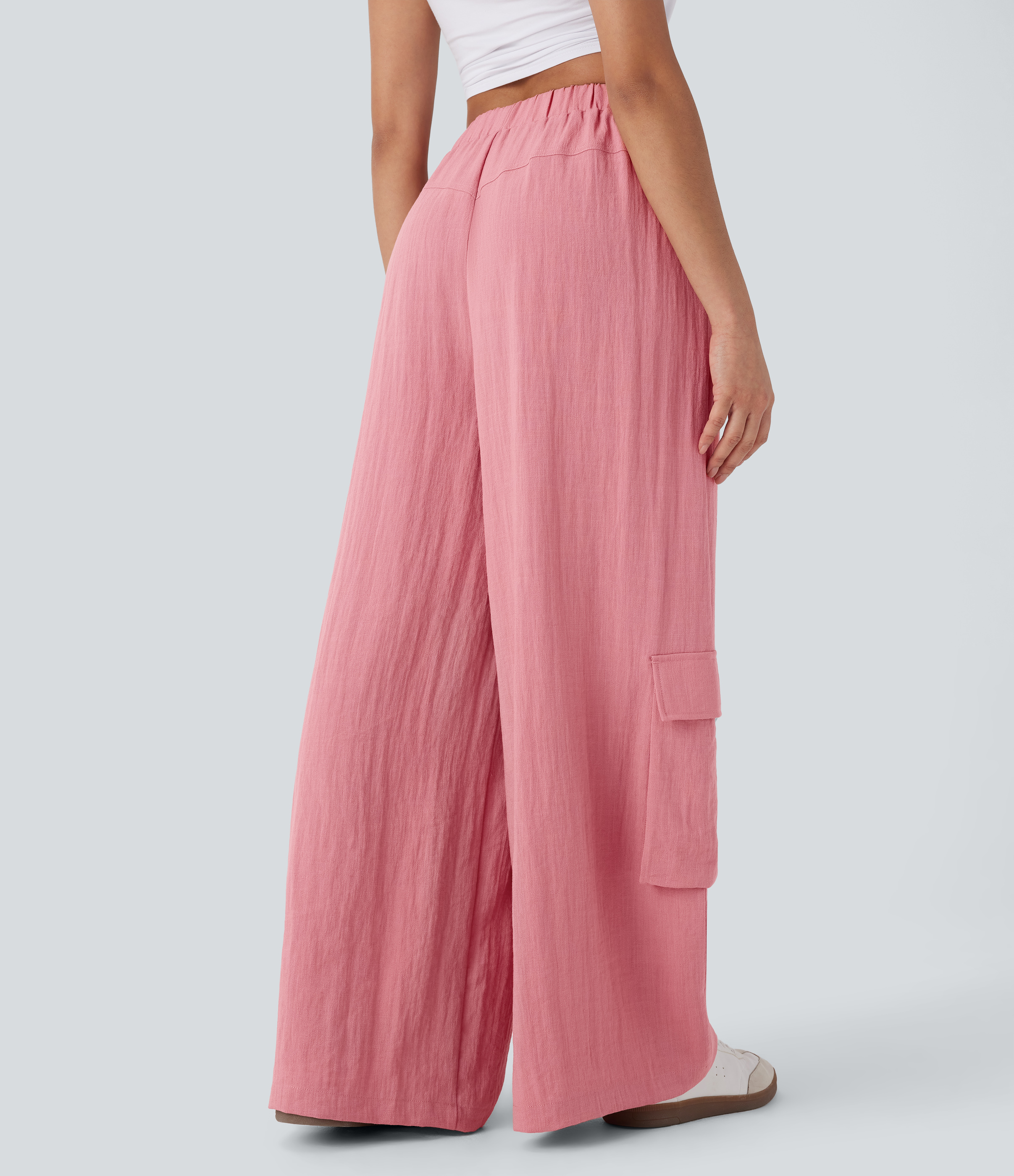 Halara High Waisted Multiple Pockets Wide Leg Work Linen-Feel Cargo Pants  - Rosette - L(regular) sweatpants jogger pants stacked sweatpants 