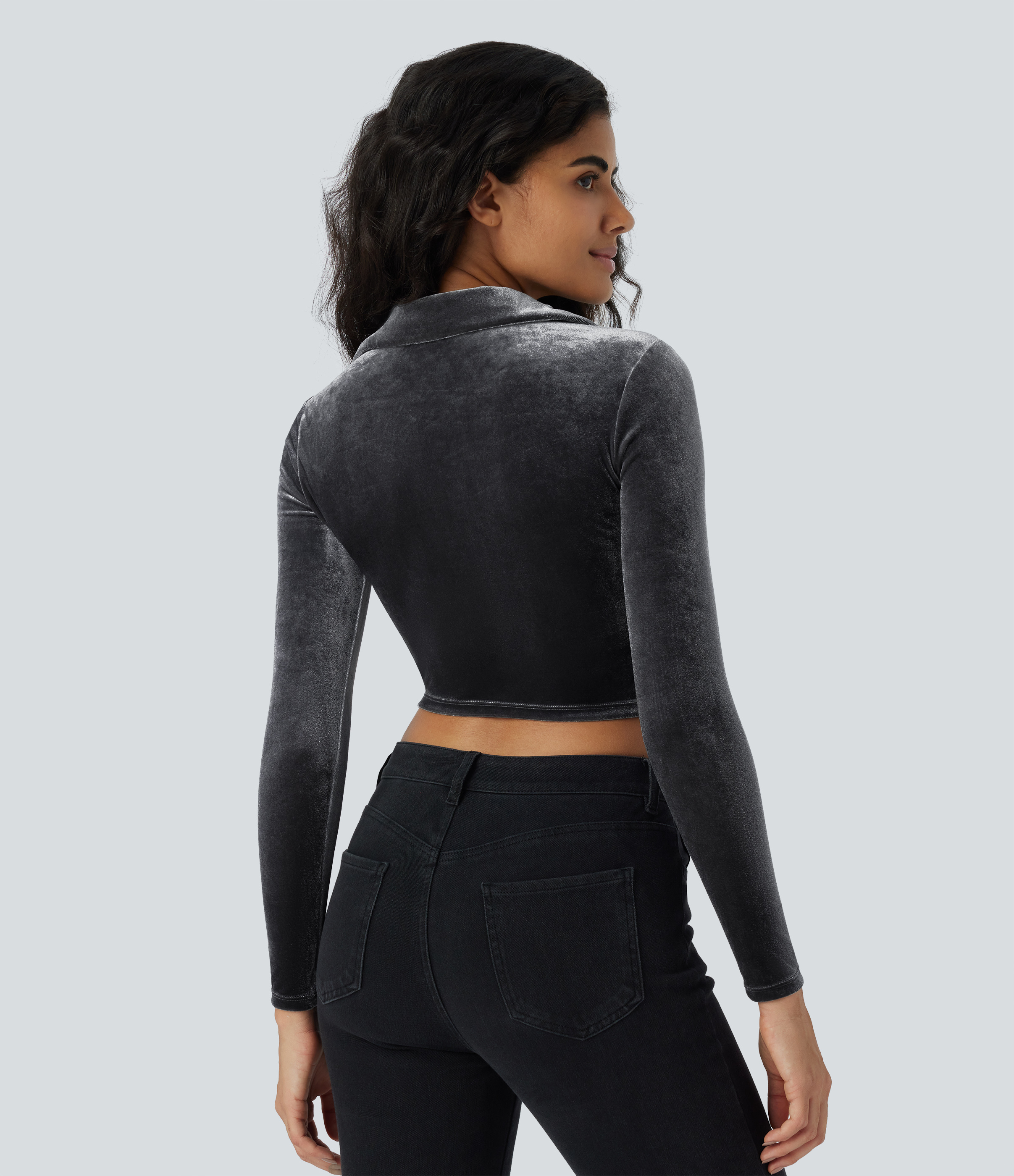 Halara Collared V Neck Twisted Button Long Sleeve Velvet Cropped Casual Shirt  - Lava Smoke - L 