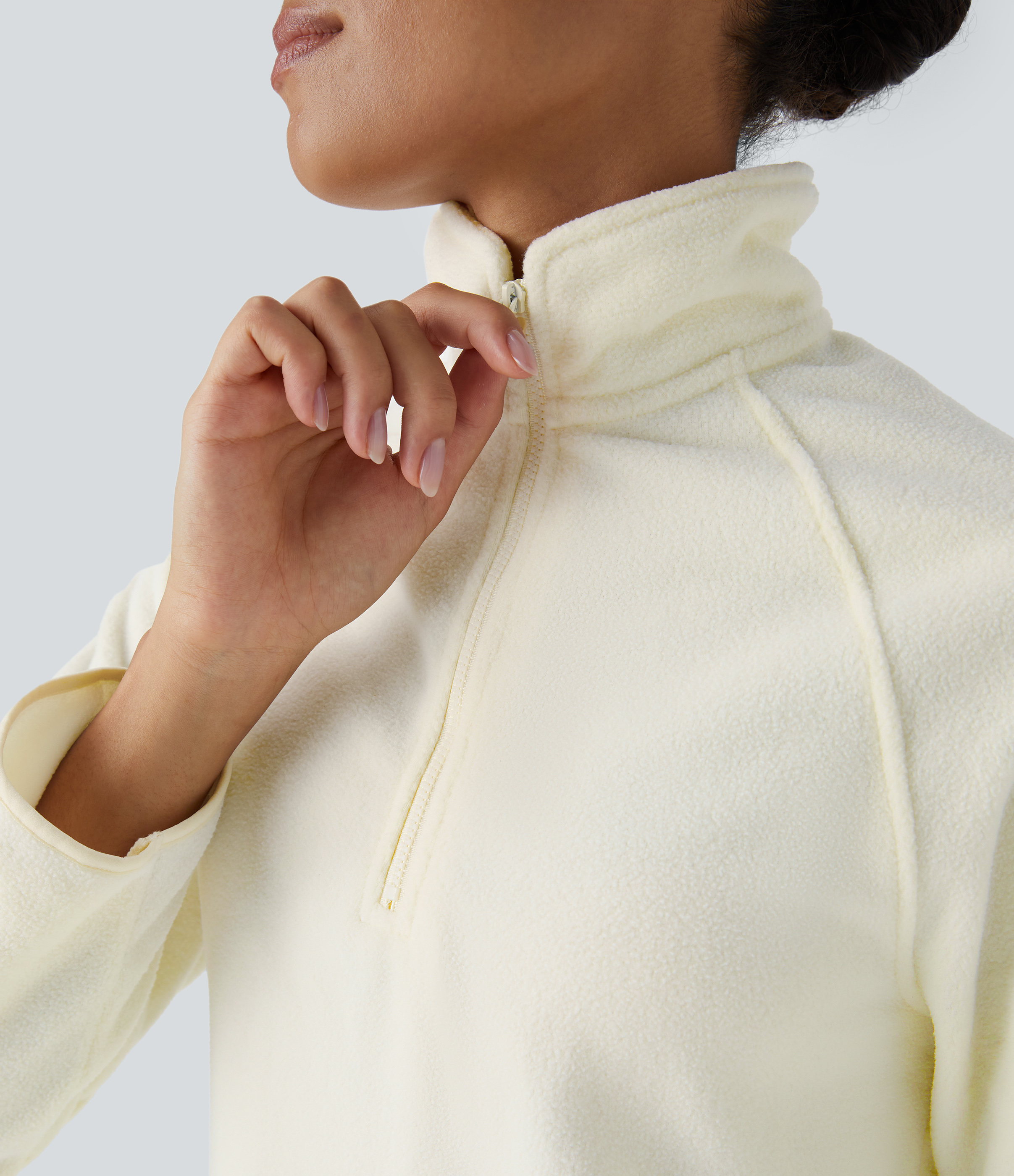 Halara Stand Collar Half Zip Raglan Sleeve Curved Hem Fleece Casual Sweatshirt  - Snow White Oak - L 