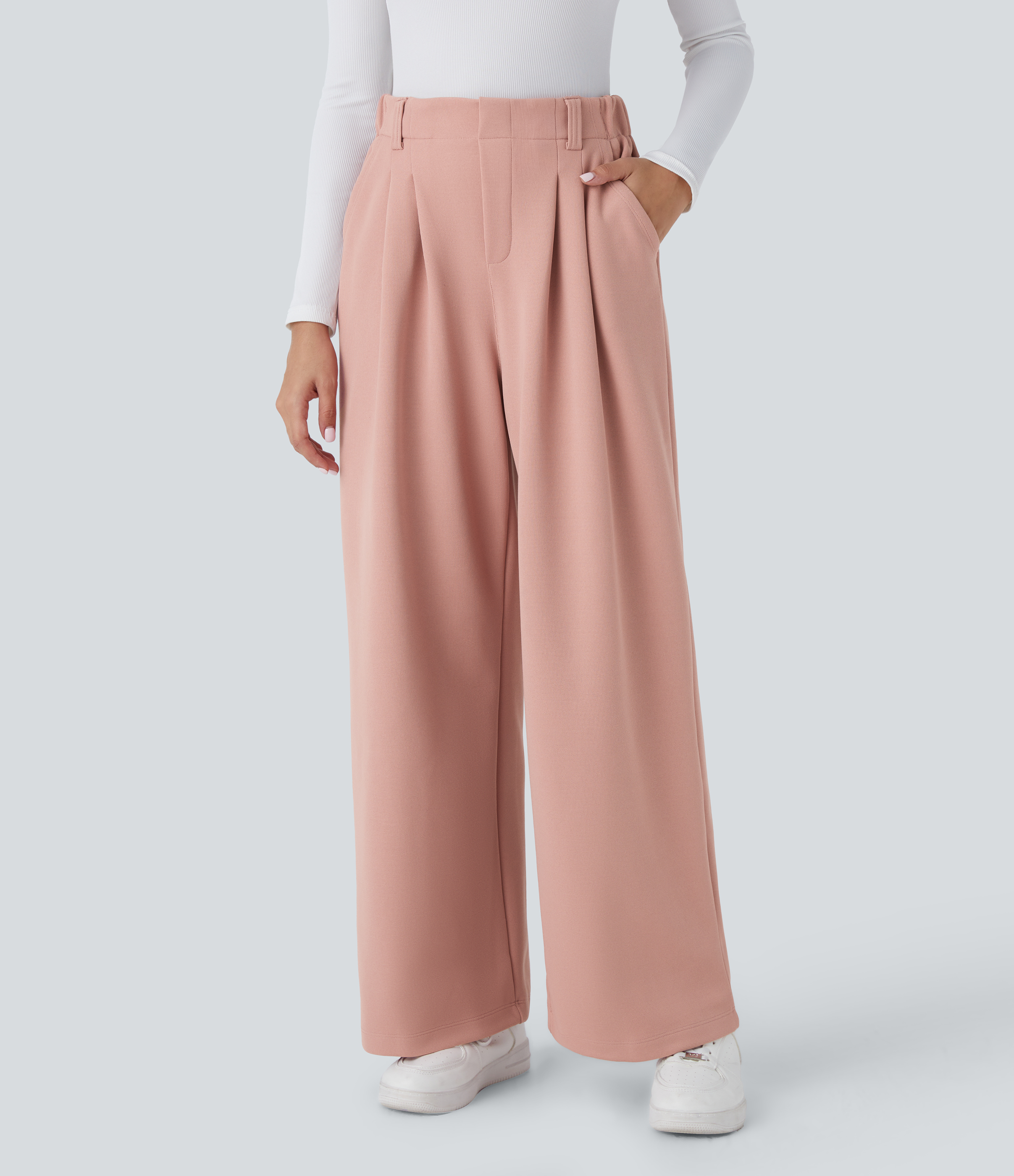 Halara High Waisted Plicated Side Pocket Wide Leg Waffle Fleece Casual Pants  - Peach Beige - L(regular) sweatpants jogger pants 
