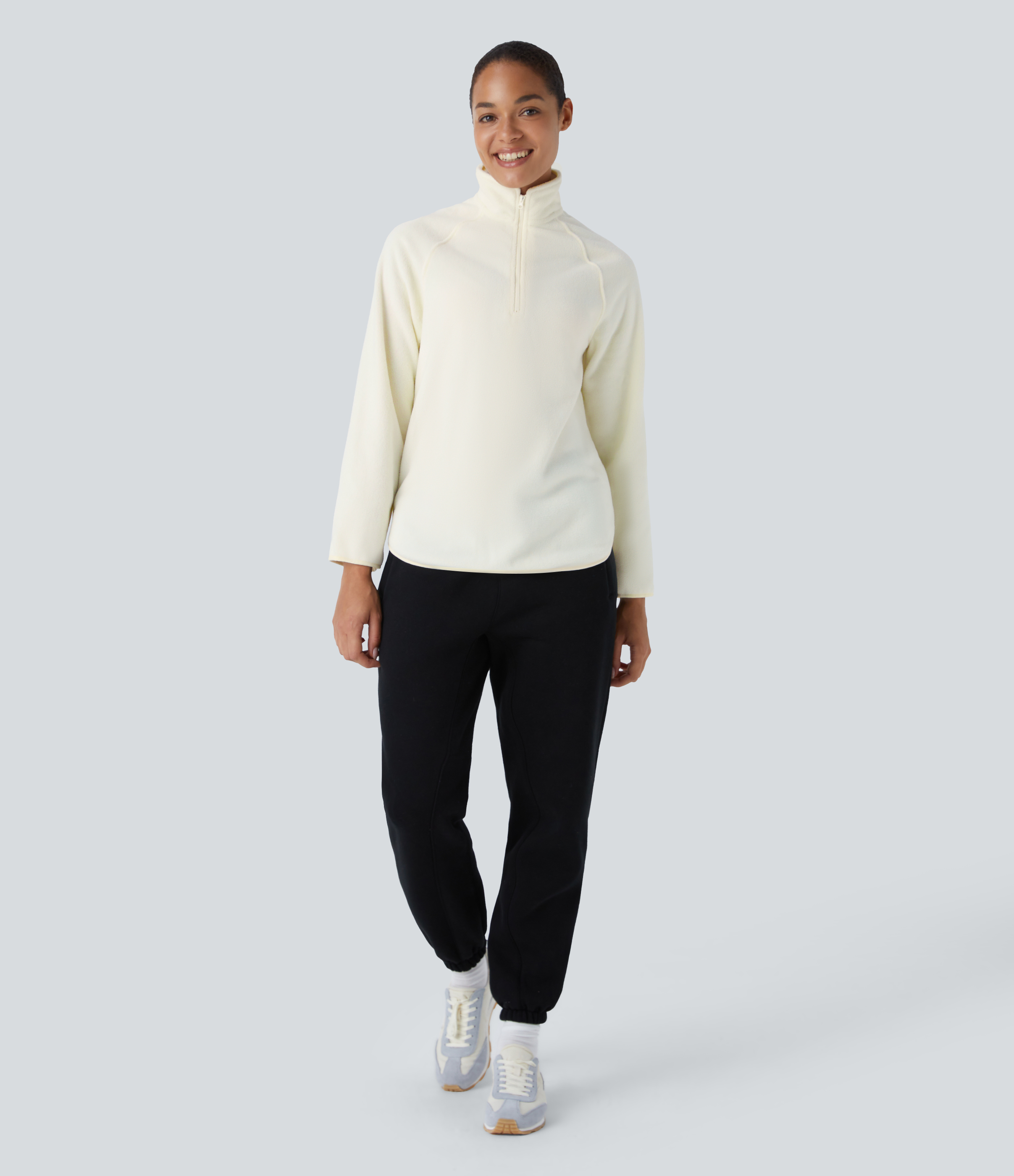 Halara Stand Collar Half Zip Raglan Sleeve Curved Hem Fleece Casual Sweatshirt  - Snow White Oak - L 