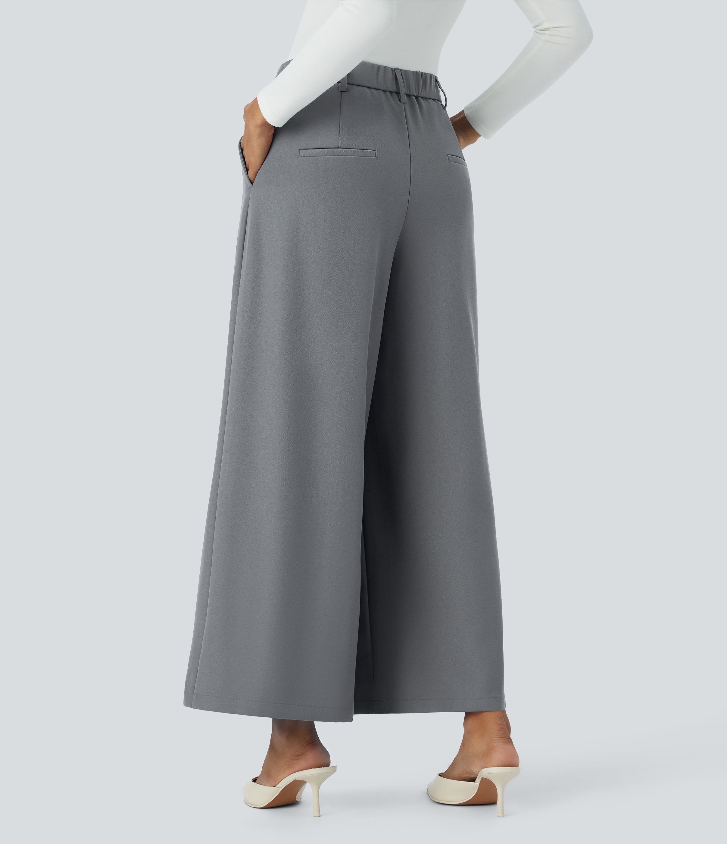Halara High Waisted Side Pocket Pleated Wide Leg Work Culottes  - Poppy Seed - L(regular) sweatpants jogger pants stacked sweatpants 