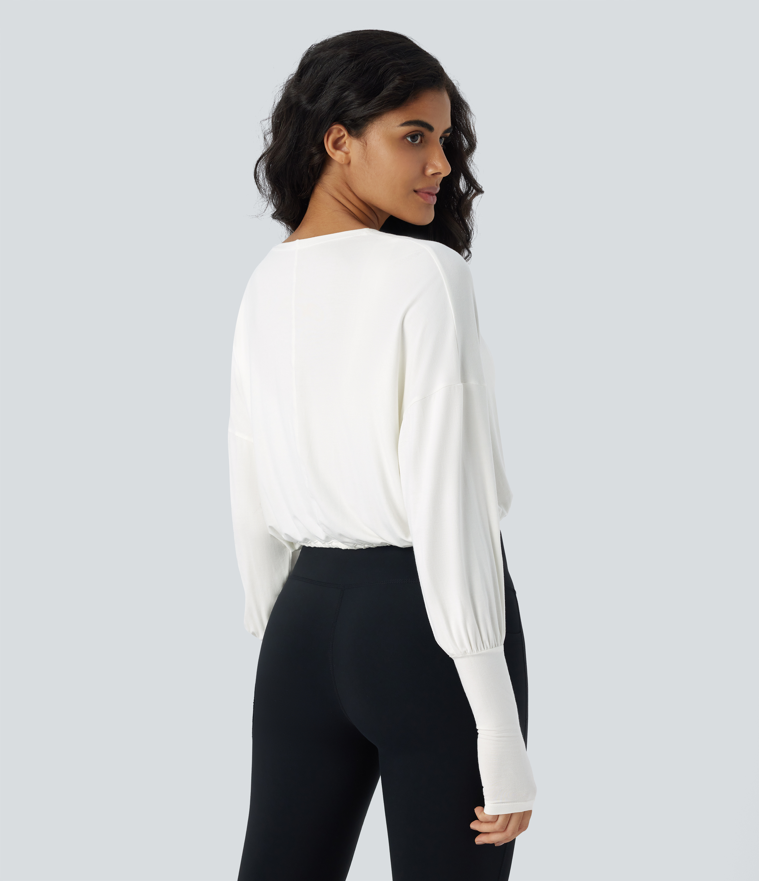 Halara V Neck Wrapped Thumb Hole Lace Up Casual Sports Top  - White - XL 