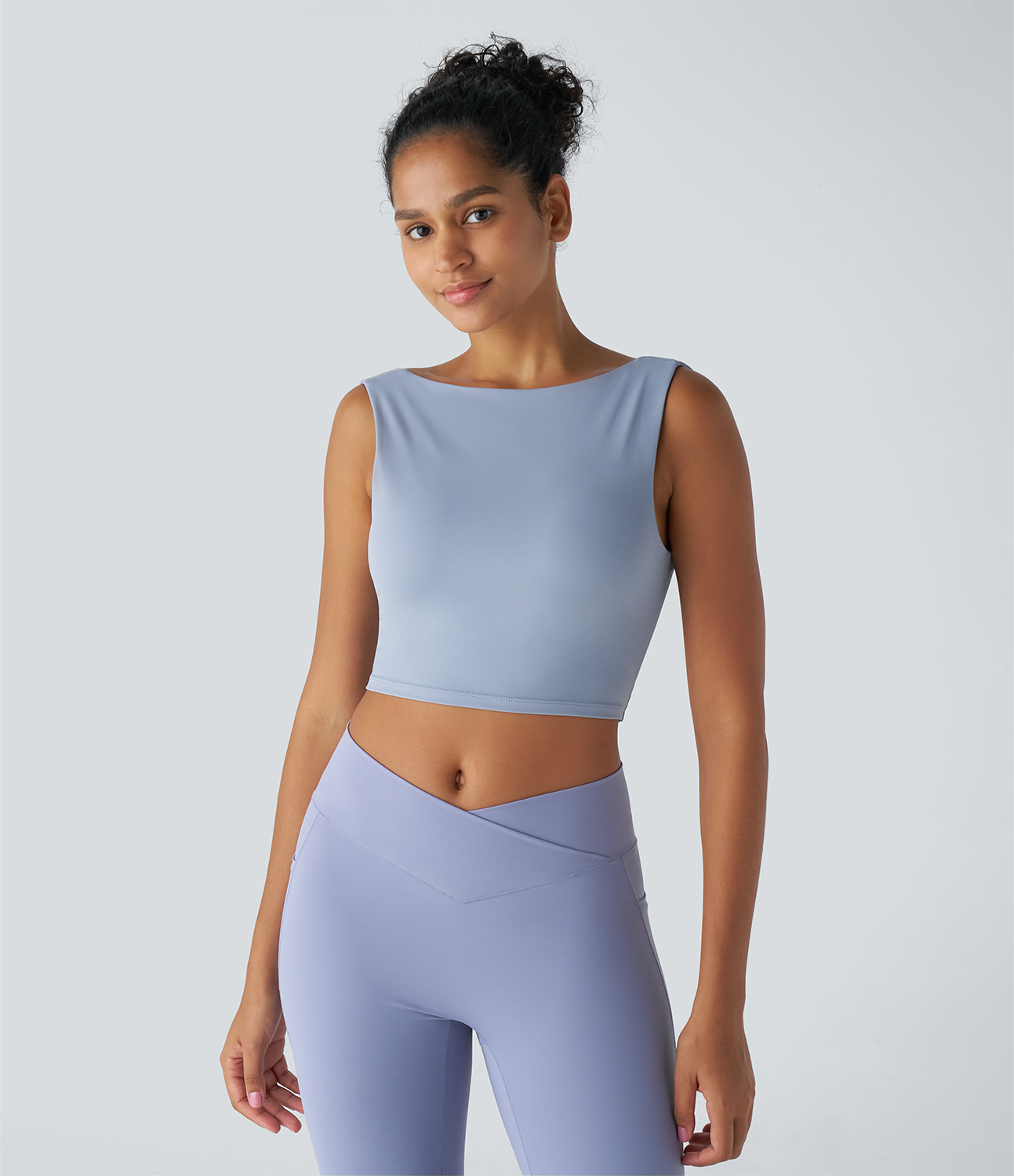 Halara Backless Boat Neck Skinny Cropped Yoga Tank Top Tank Top - Blue Fog - S golf tops halter top tunic tops sleeveless tops backless top 