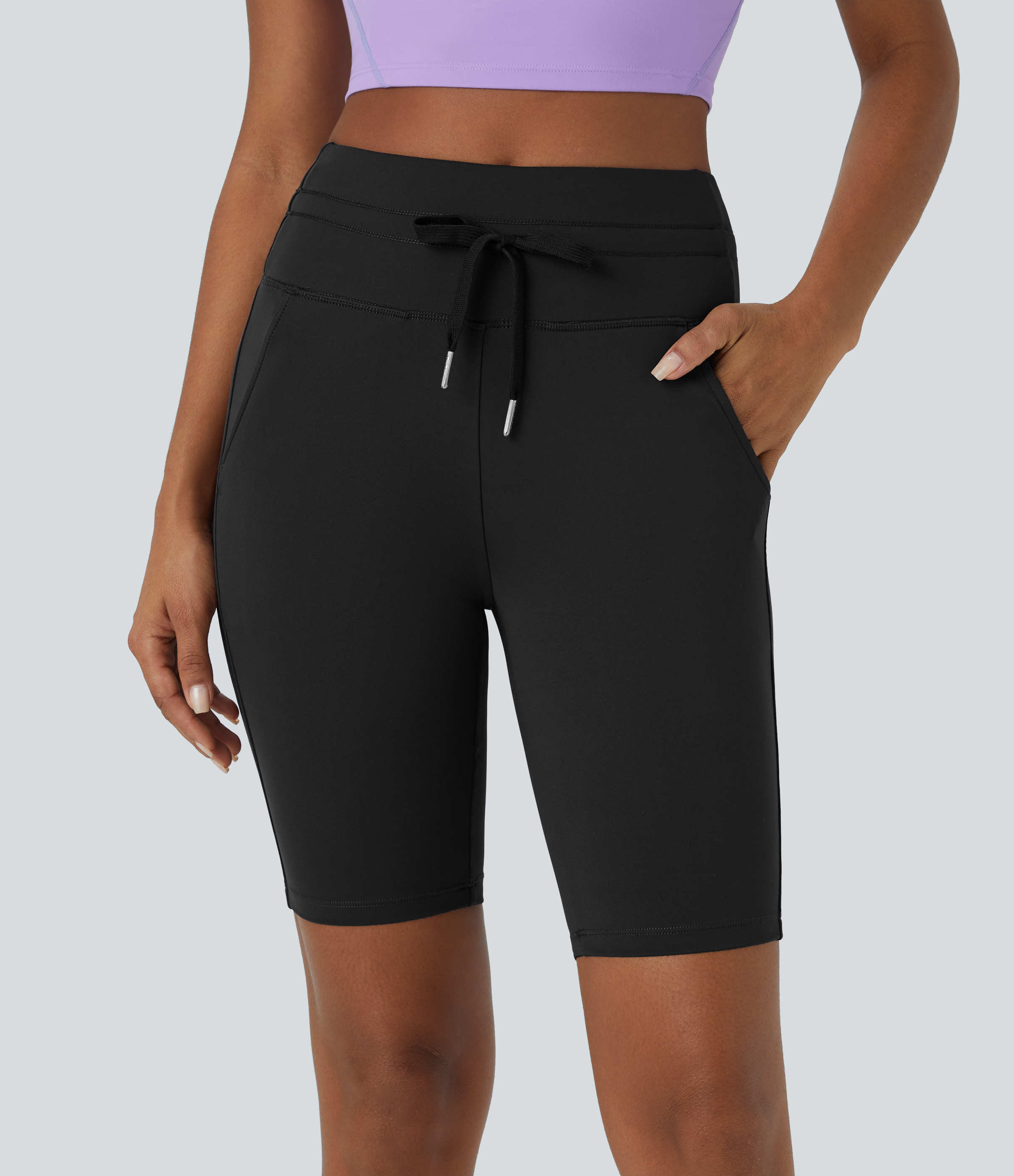 Halara Softlyzeroв„ў Airy High Waisted Drawstring Side Pocket Plain Cool Touch Shorts 9`` Gym Short - Black - XL booty shorts 