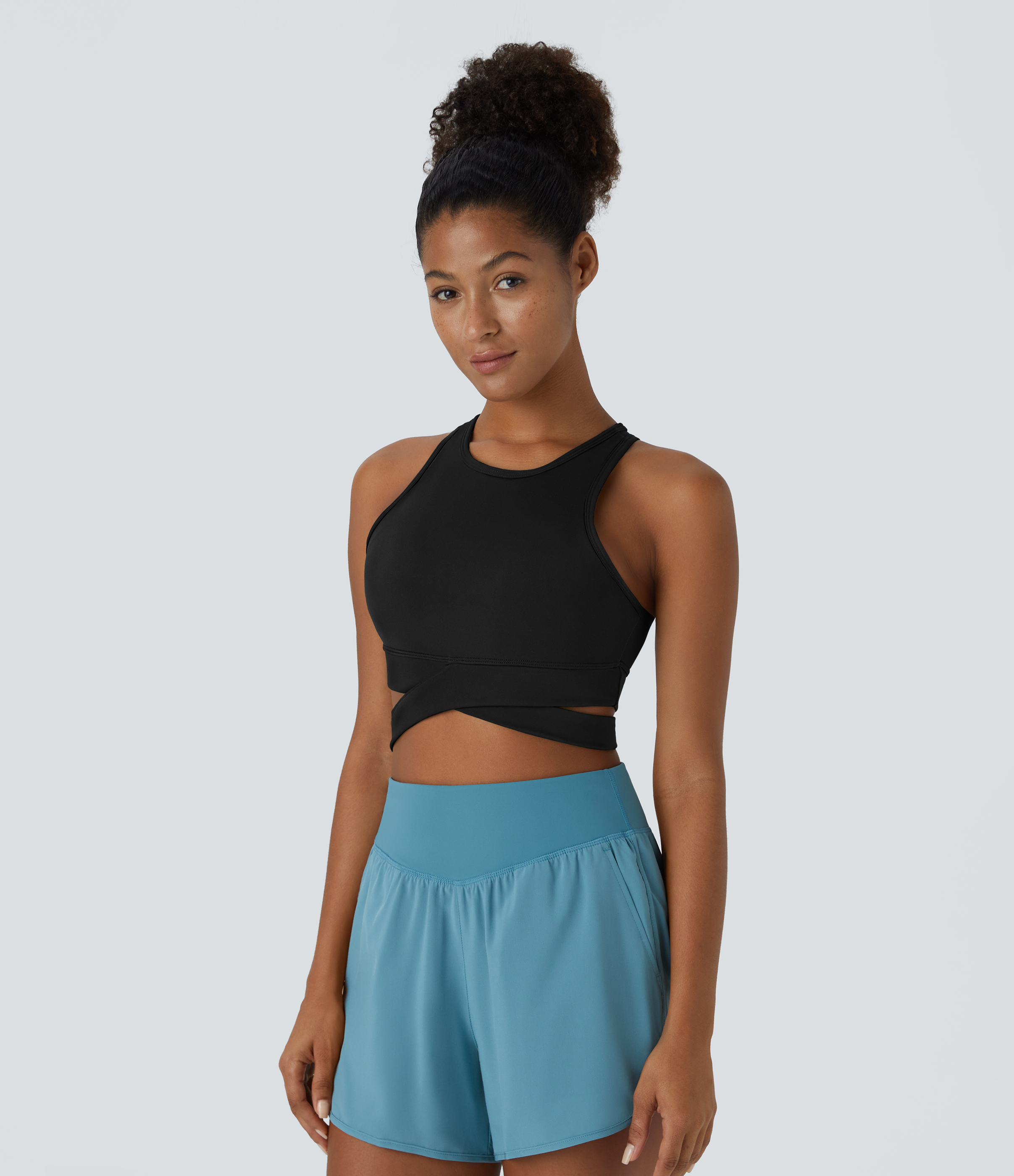 Halara Round Neck Crossover Hem Cut Out Cropped Yoga Sports Top  - Black - L 